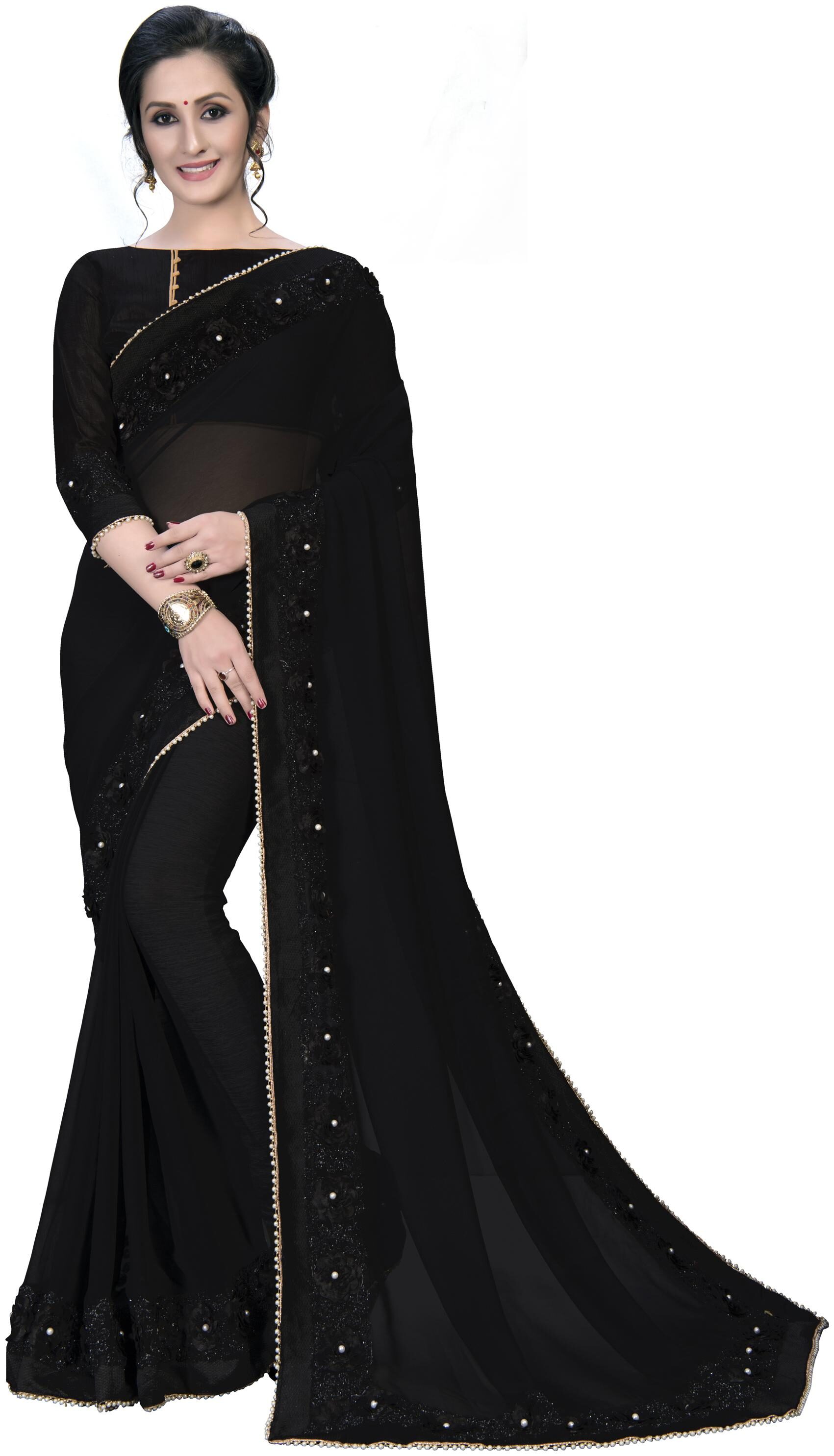 

FAB DADU WomenGeorgette Universal Black Saree With Blouse