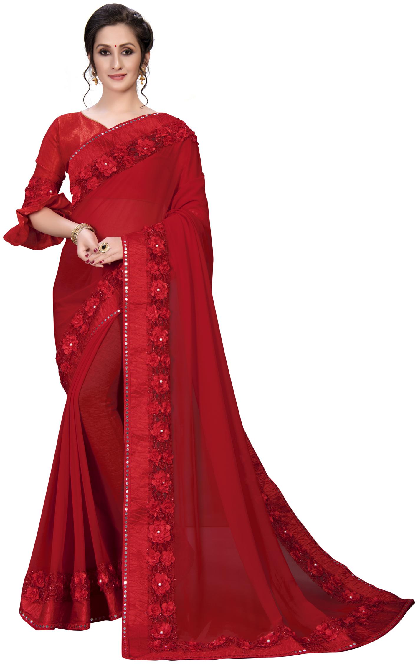 

FAB DADU WomenGeorgette Universal Red Saree With Blouse