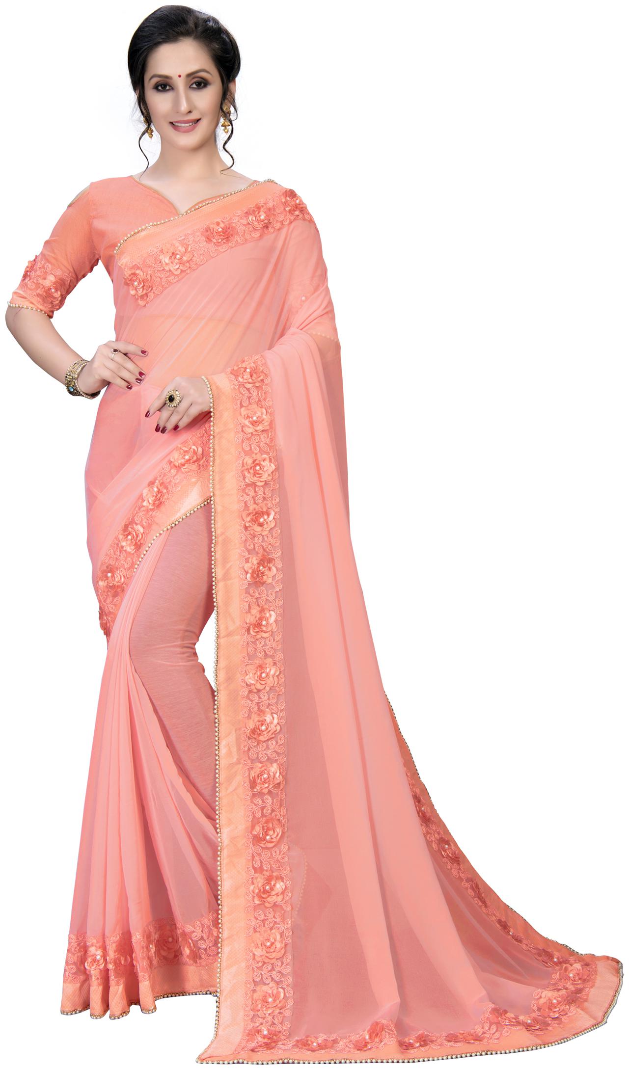 

FAB DADU WomenGeorgette Universal Peach Saree With Blouse