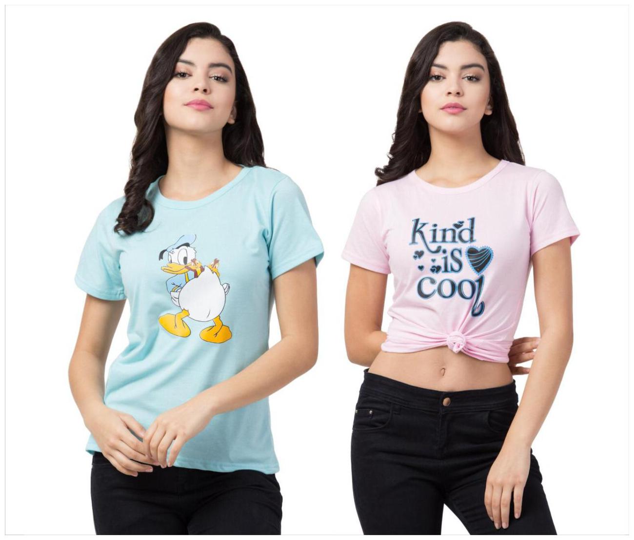 

FAB FOREVER Women Turquoise Pink Regular fit Round neck Cotton T shirt