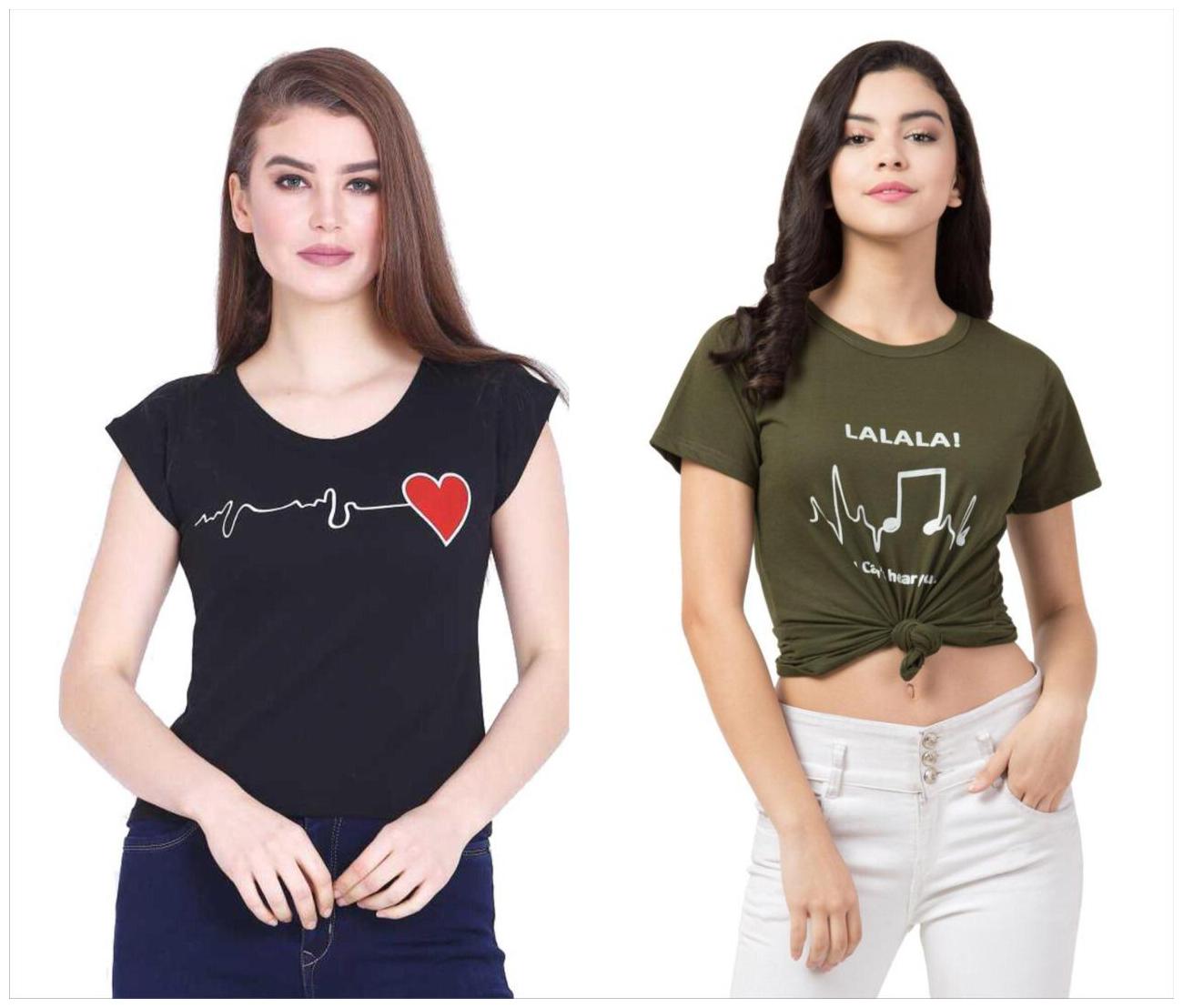 

FAB FOREVER Women Black Green Regular fit Round neck Cotton T shirt