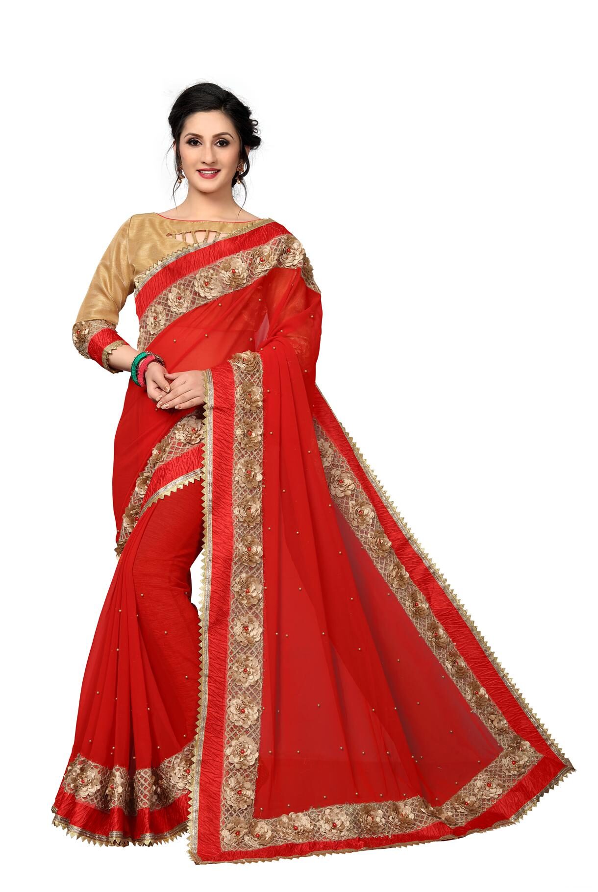 

FAB VIVA Georgette Gotta Patti Work Festive Designer Saree With Blouse Red Color