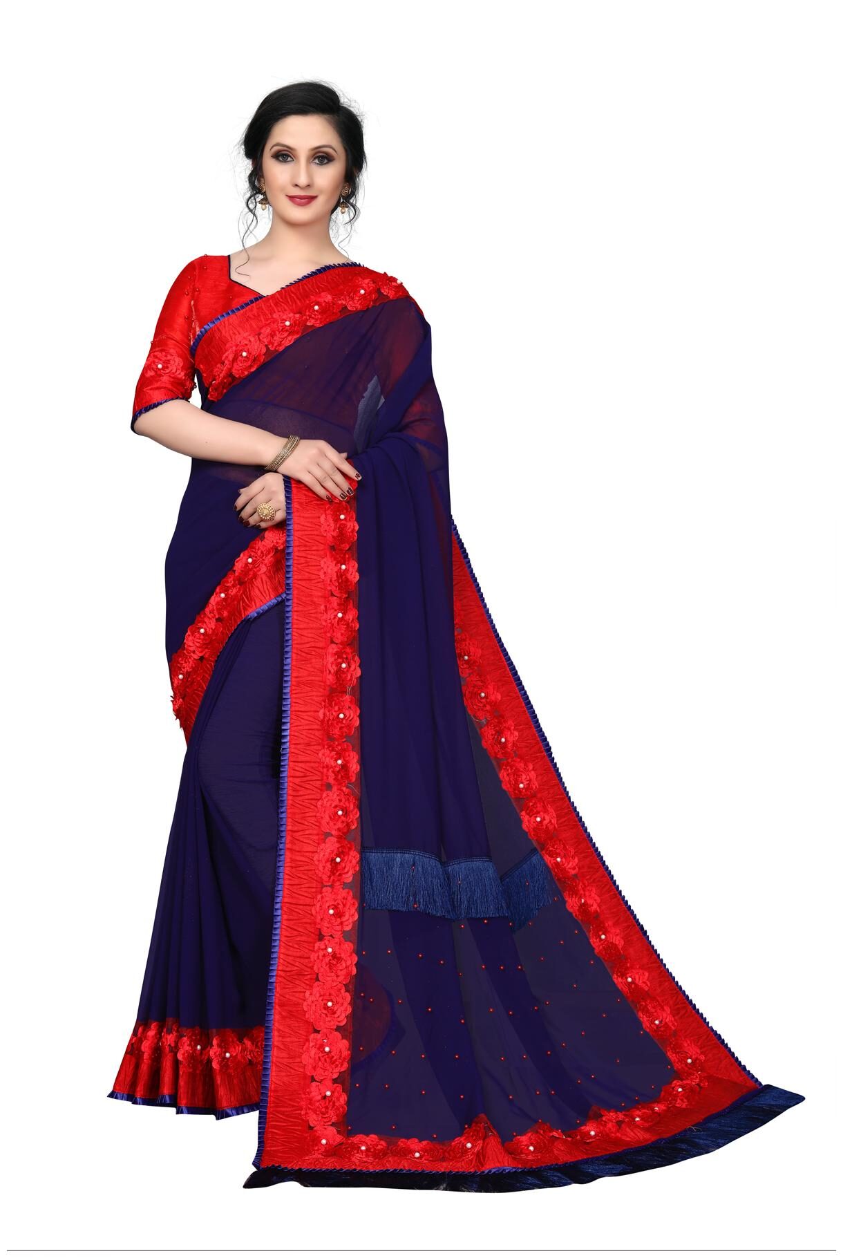 

FAB VIVA Georgette Gotta Patti Work Festive Designer Saree With Blouse Blue Color