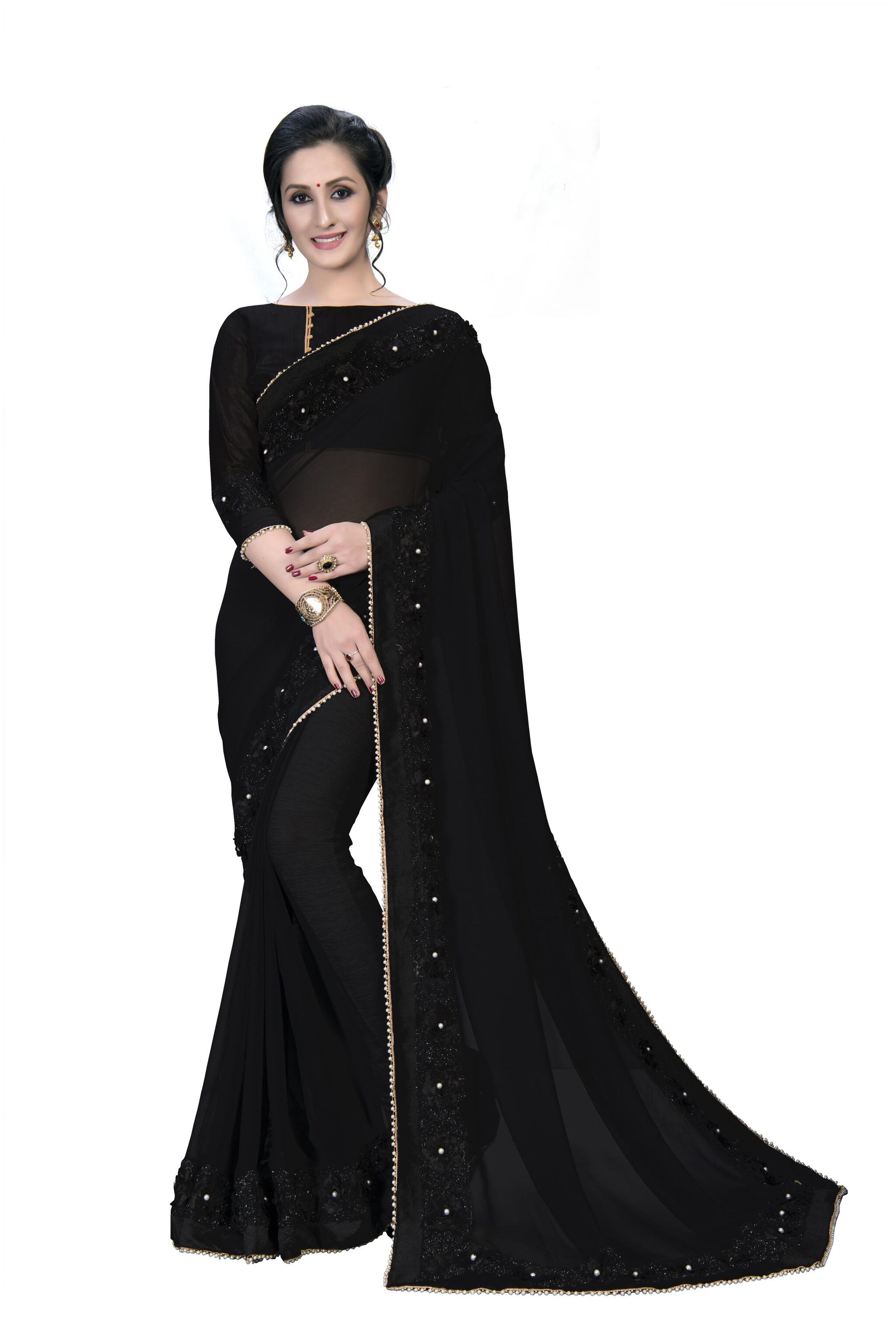 

FAB VIVA Georgette Gotta Patti Work Party Wear Designer Saree With Blouse Black Color