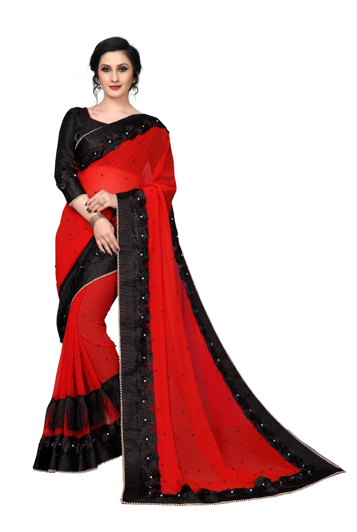 

FAB VIVA Georgette Gotta Patti Work Festive Designer Saree With Blouse Red Color