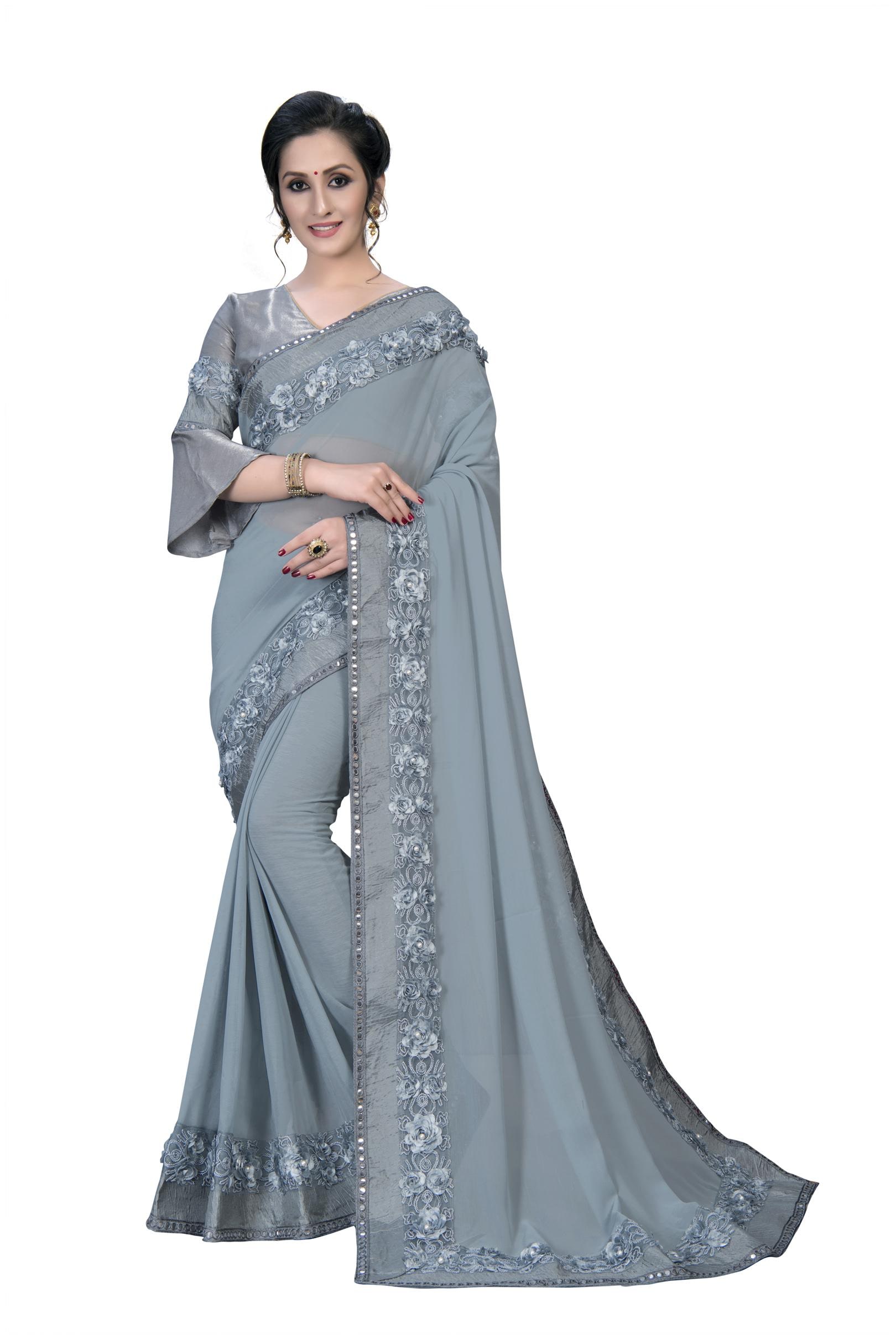 

FAB VIVA Georgette Gotta Patti Work Party Wear Designer Saree With Blouse Grey Color