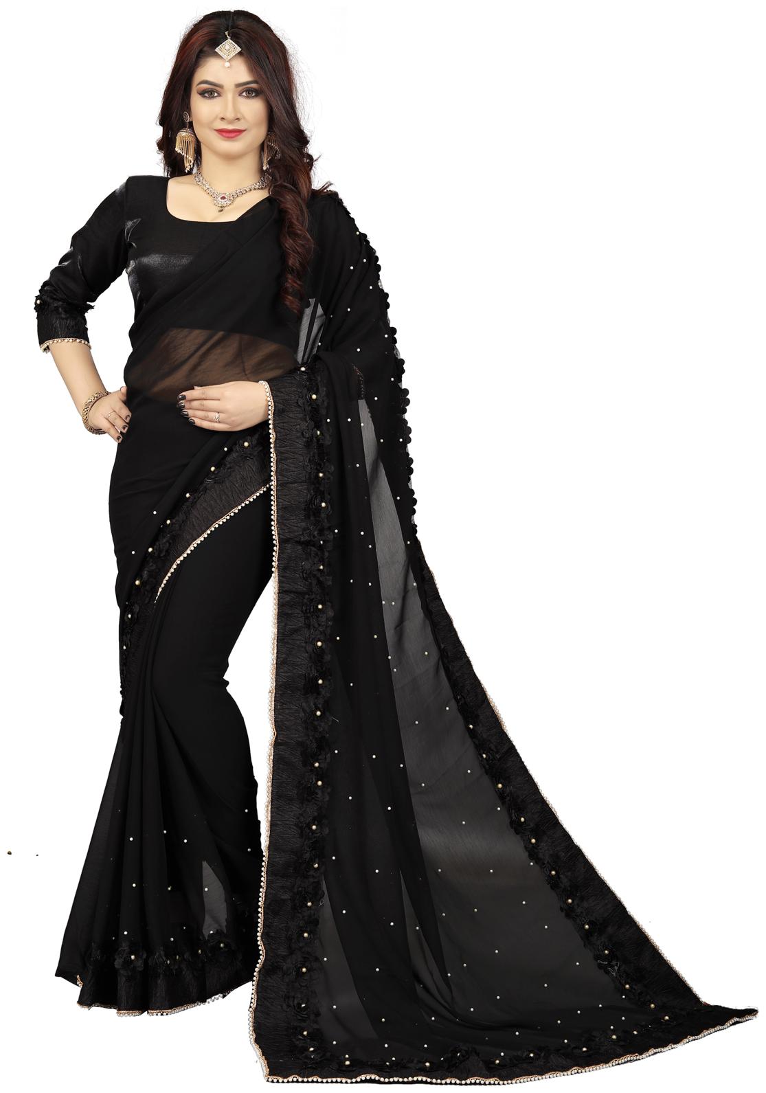 

FAB VIVA Georgette Gotta Patti Work Daily Wear Designer Saree With Blouse Black Color