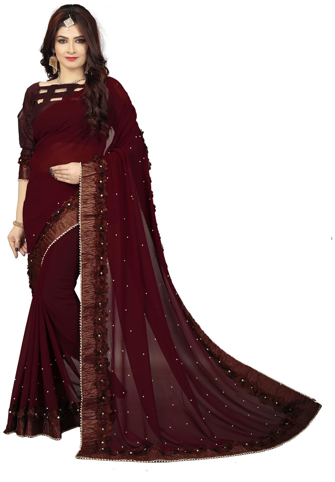 

FAB VIVA Georgette Gotta Patti Work Daily Wear Designer Saree With Blouse Brown Color