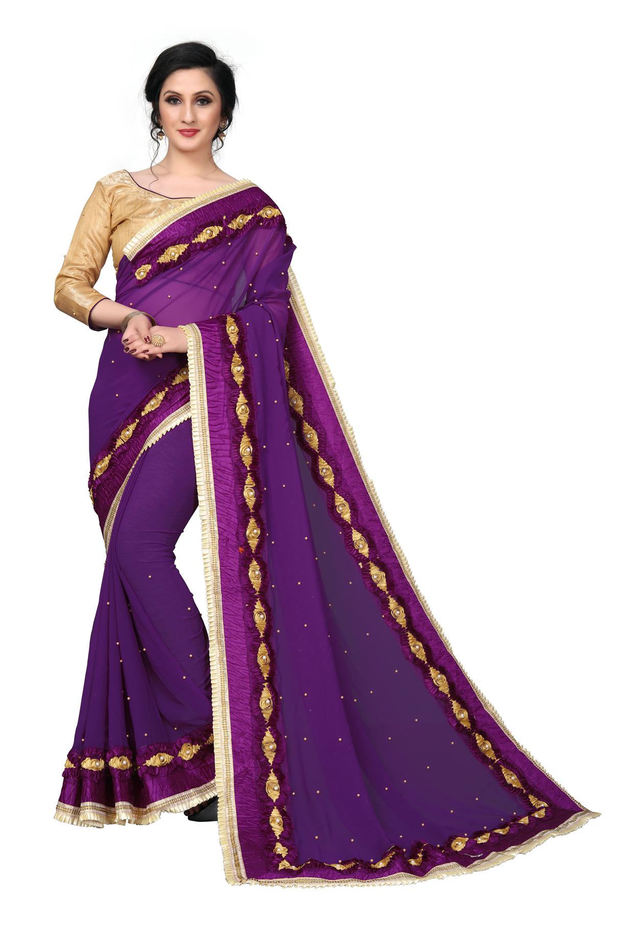 

FAB VIVA Georgette Gotta Patti Work Wedding Designer Saree With Blouse Purple Color