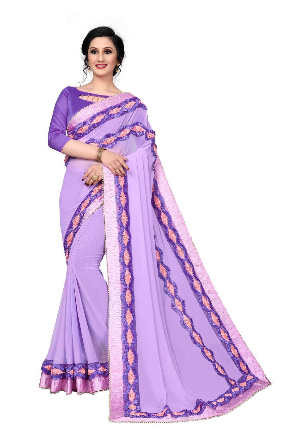 

FAB VIVA Georgette Gotta Patti Work Wedding Designer Saree With Blouse Purple Color