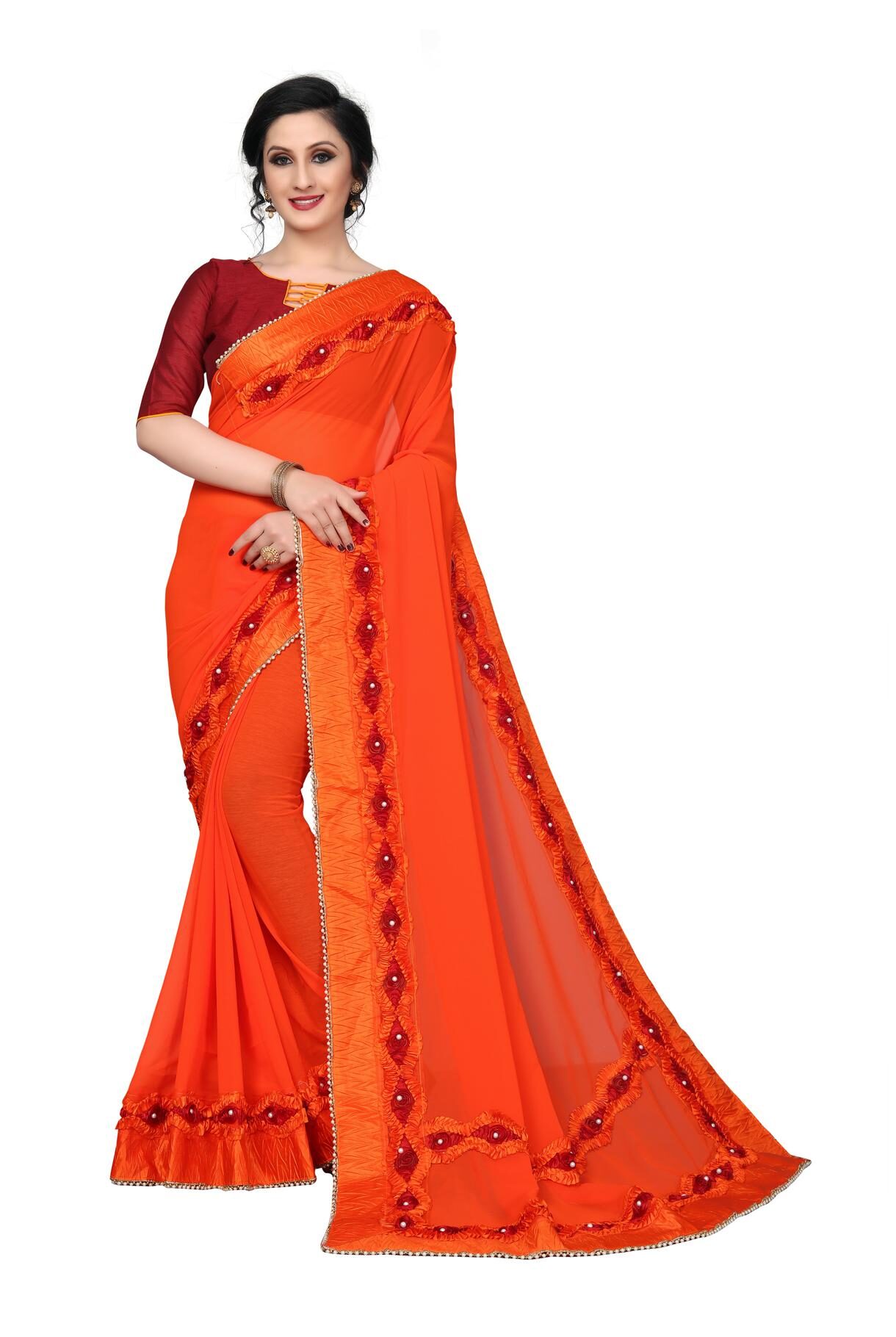 

FAB VIVA Georgette Gotta Patti Work Wedding Designer Saree With Blouse Orange Color