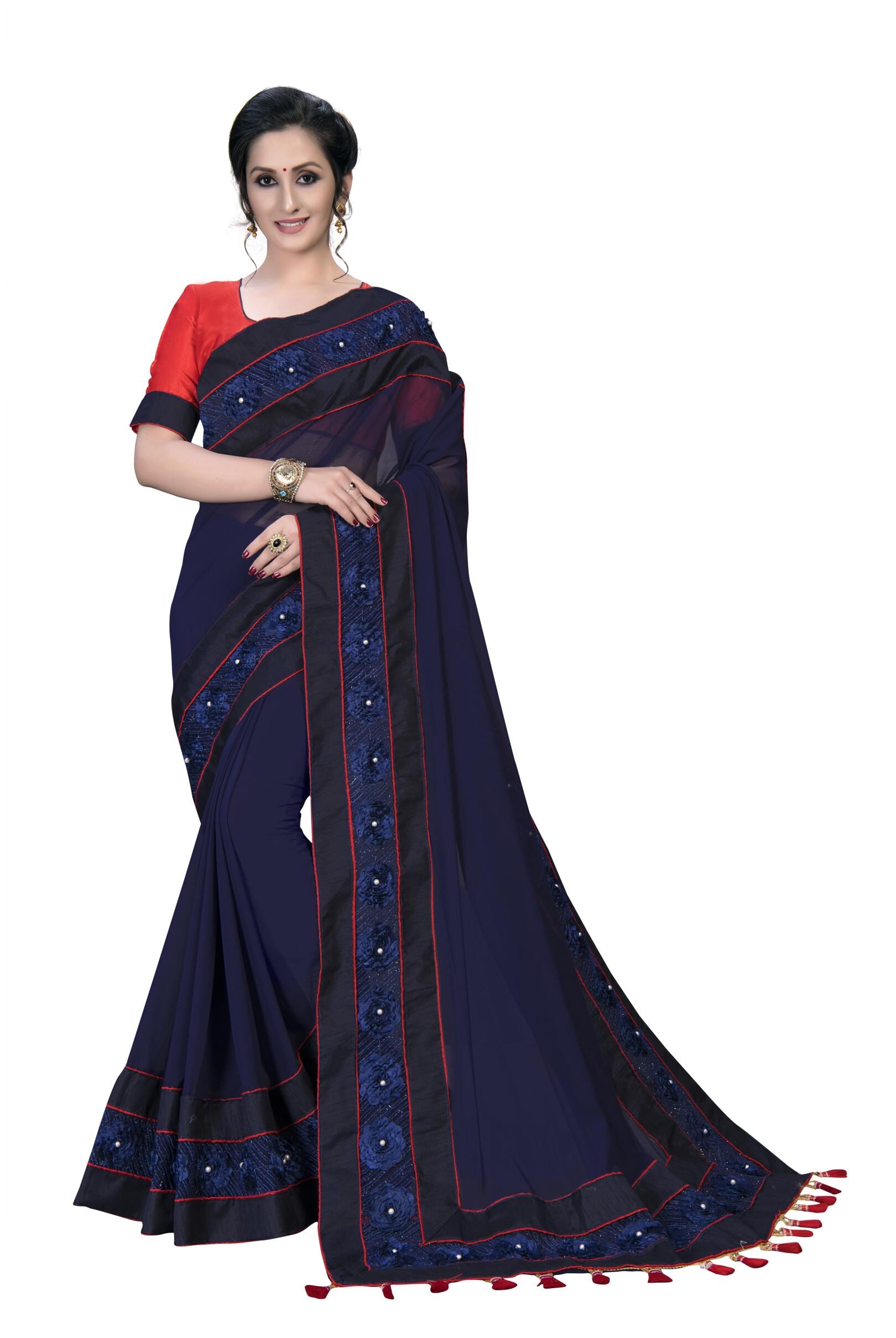 

FAB VIVA Georgette Gotta Patti Work Party Wear Designer Saree With Blouse Blue Color