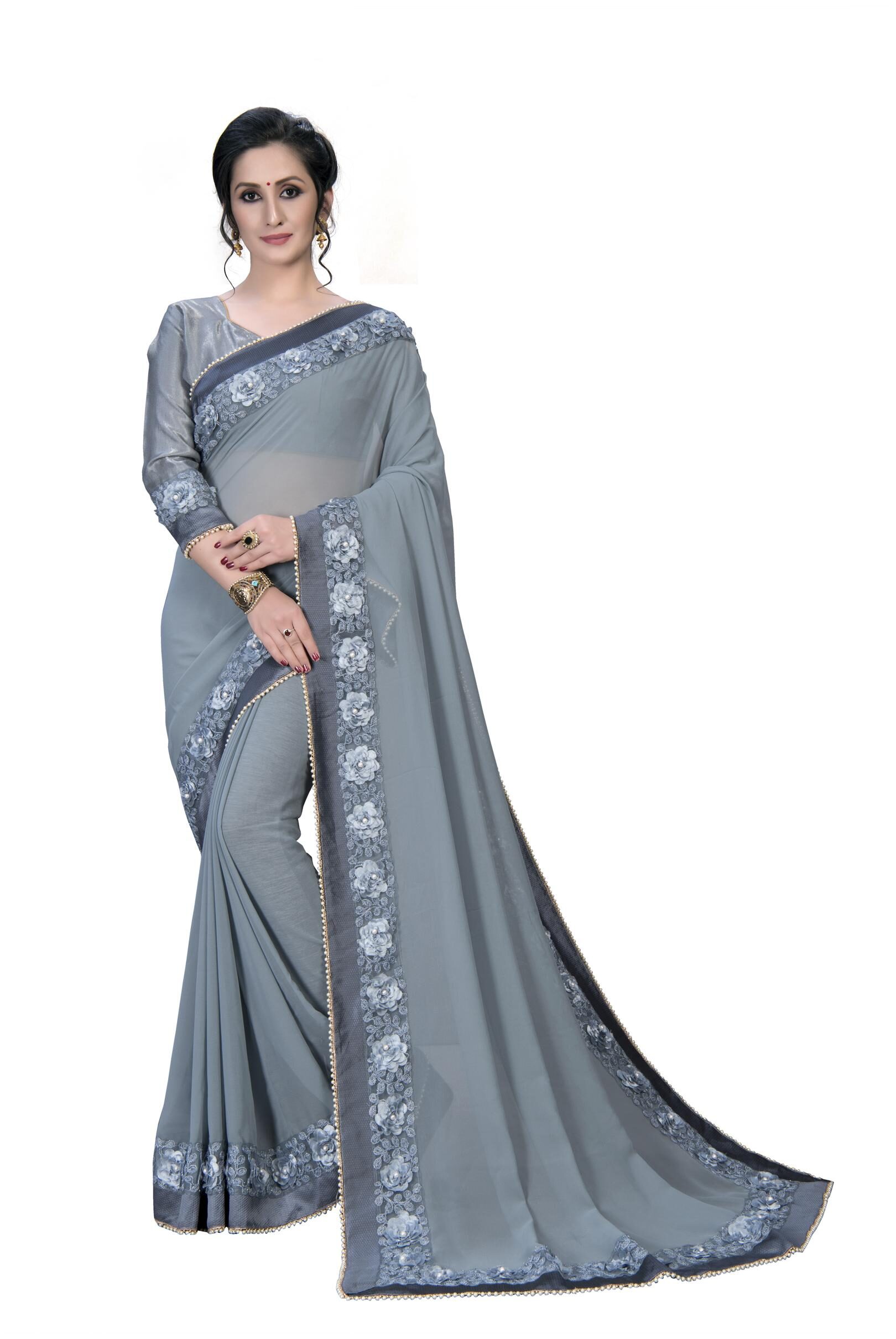 

FAB VIVA Georgette Gotta Patti Work Party Wear Designer Saree With Blouse Grey Color
