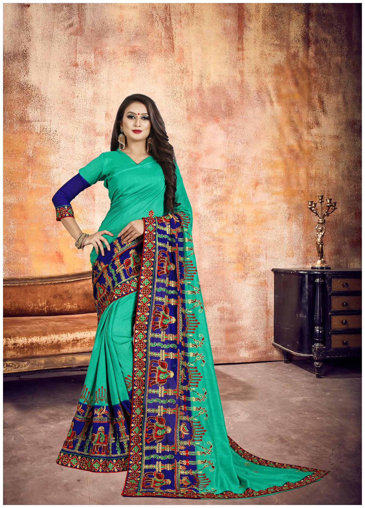 

FAB VIVA Silk Embroidered Work Party Wear Designer Saree With Blouse Green Color