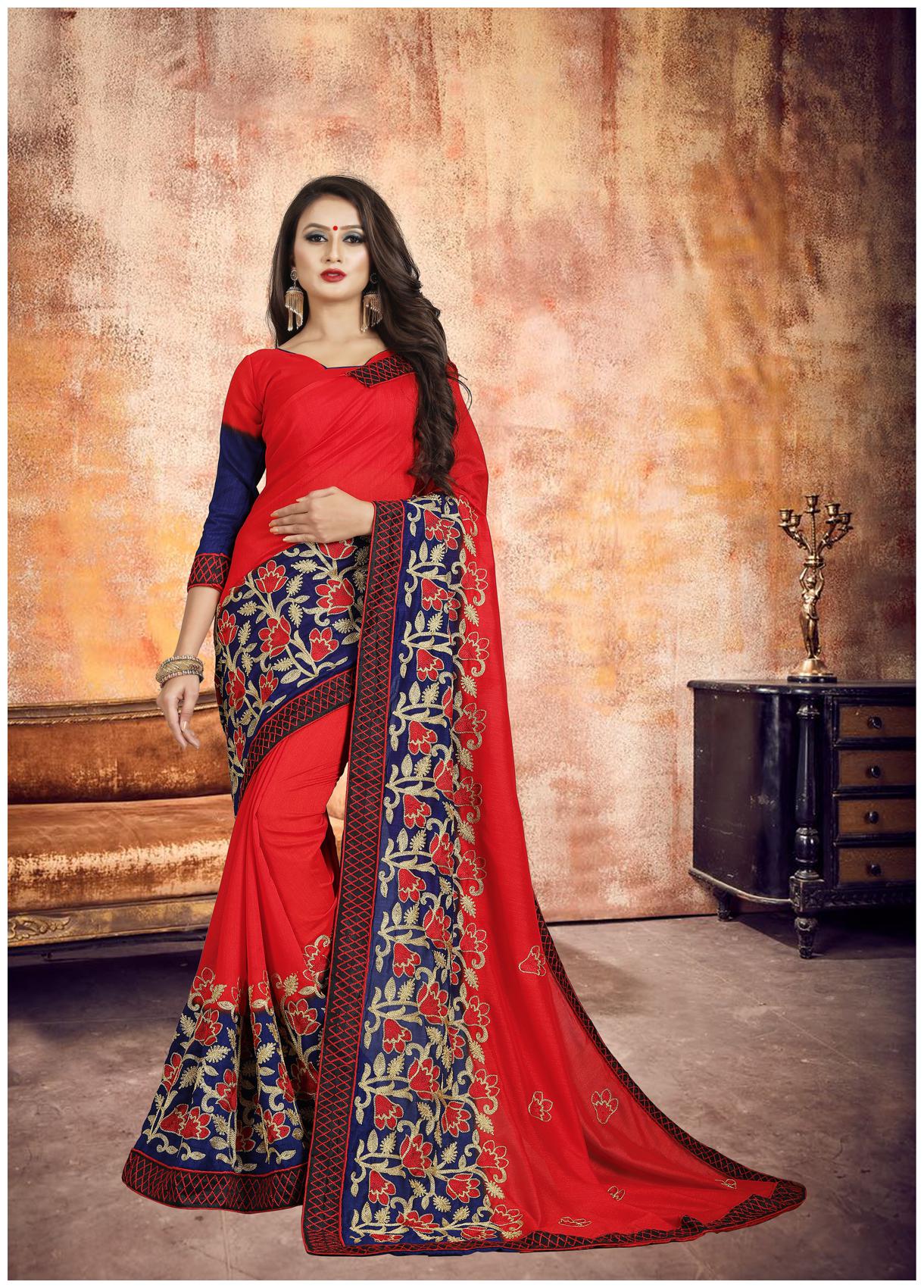 

FAB VIVA Silk Embroidered Work Festive Designer Saree With Blouse Red Color