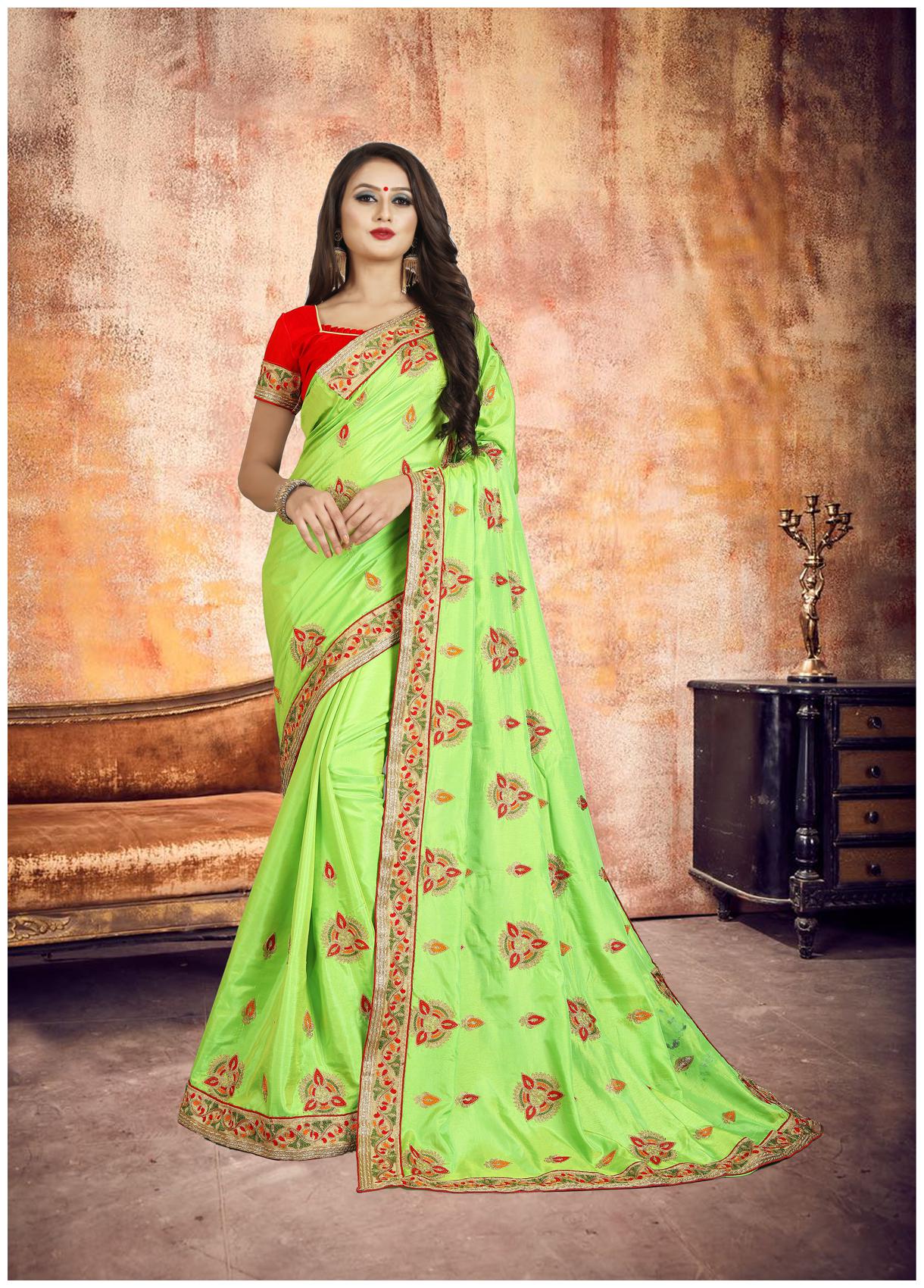 

FAB VIVA Silk Embroidered Work Wedding Designer Saree With Blouse Green Color