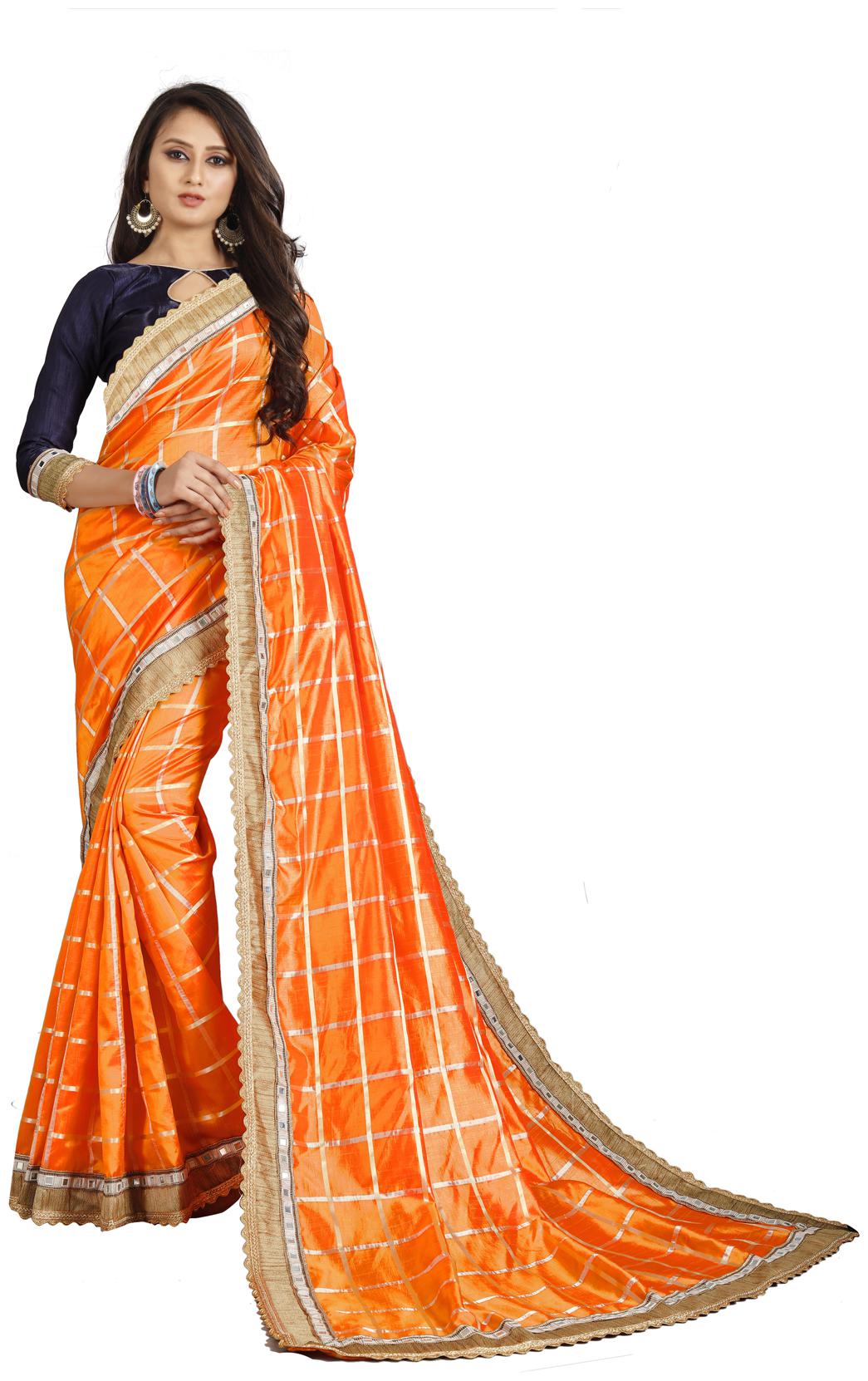 

FAB VIVA Silk Mirror Work Wedding Designer Saree With Blouse Orange Color