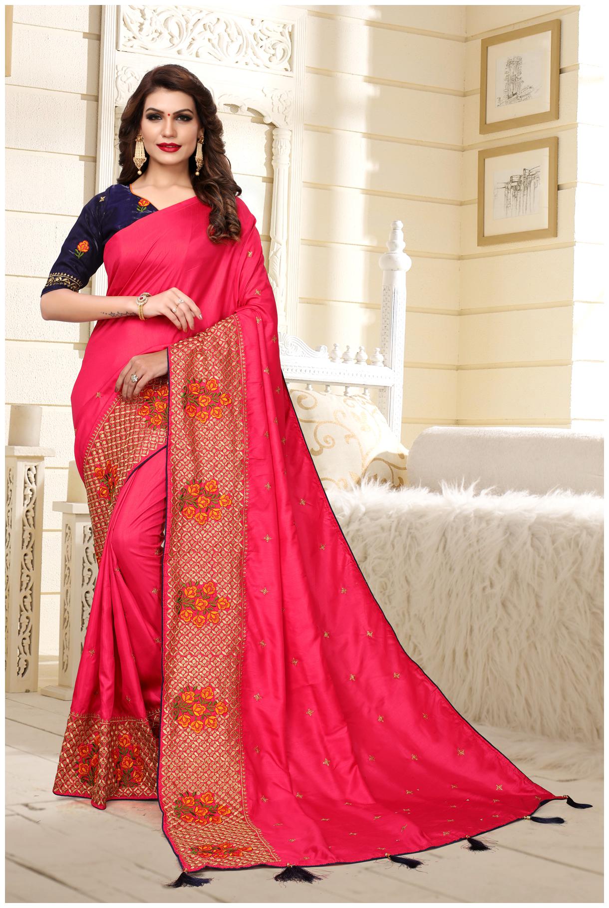 

FAB VIVA Silk Embroidered Work Wedding Designer Saree With Blouse Red Color