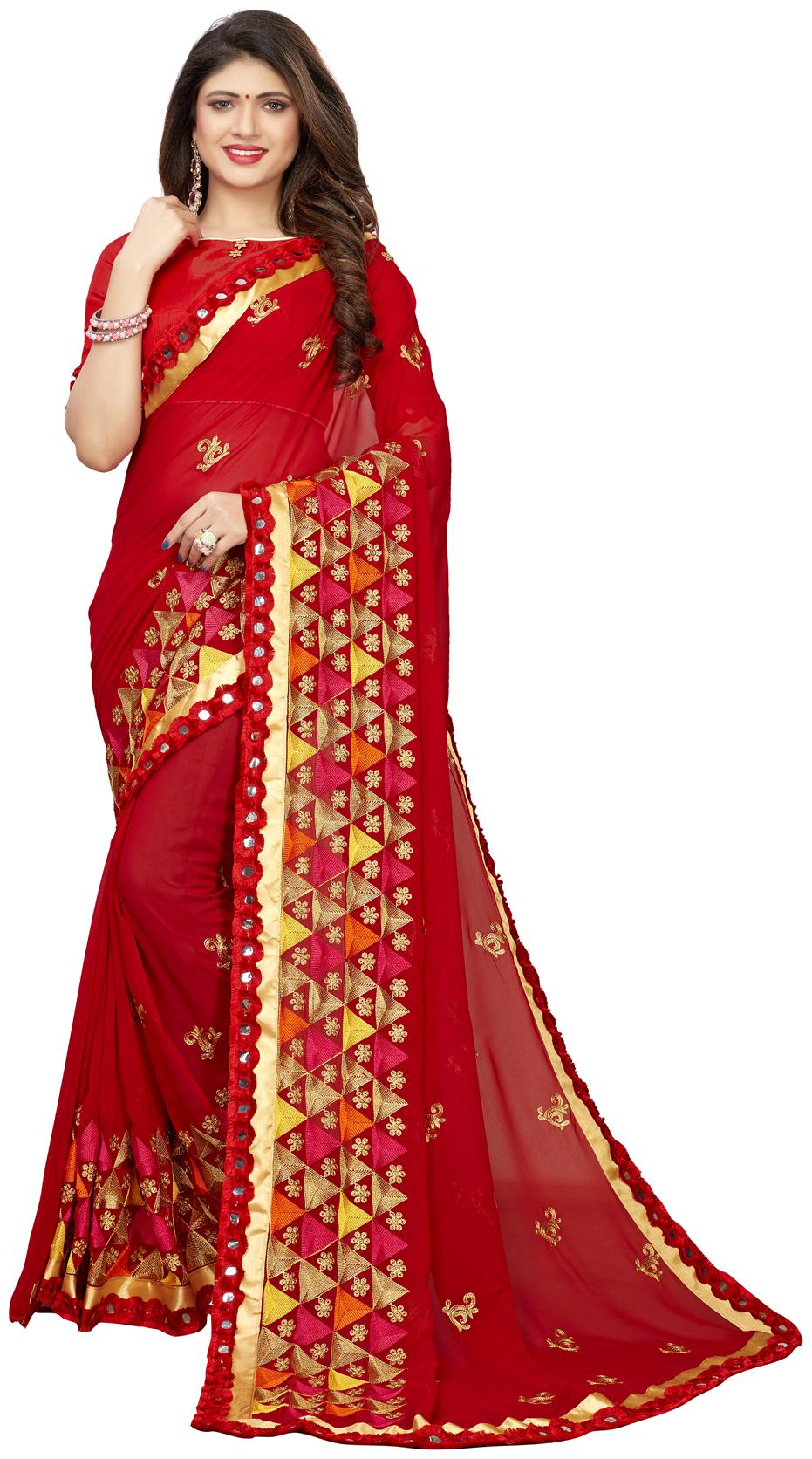 

FAB VIVA Silk Embroidered Work Wedding Designer Saree With Blouse Red Color