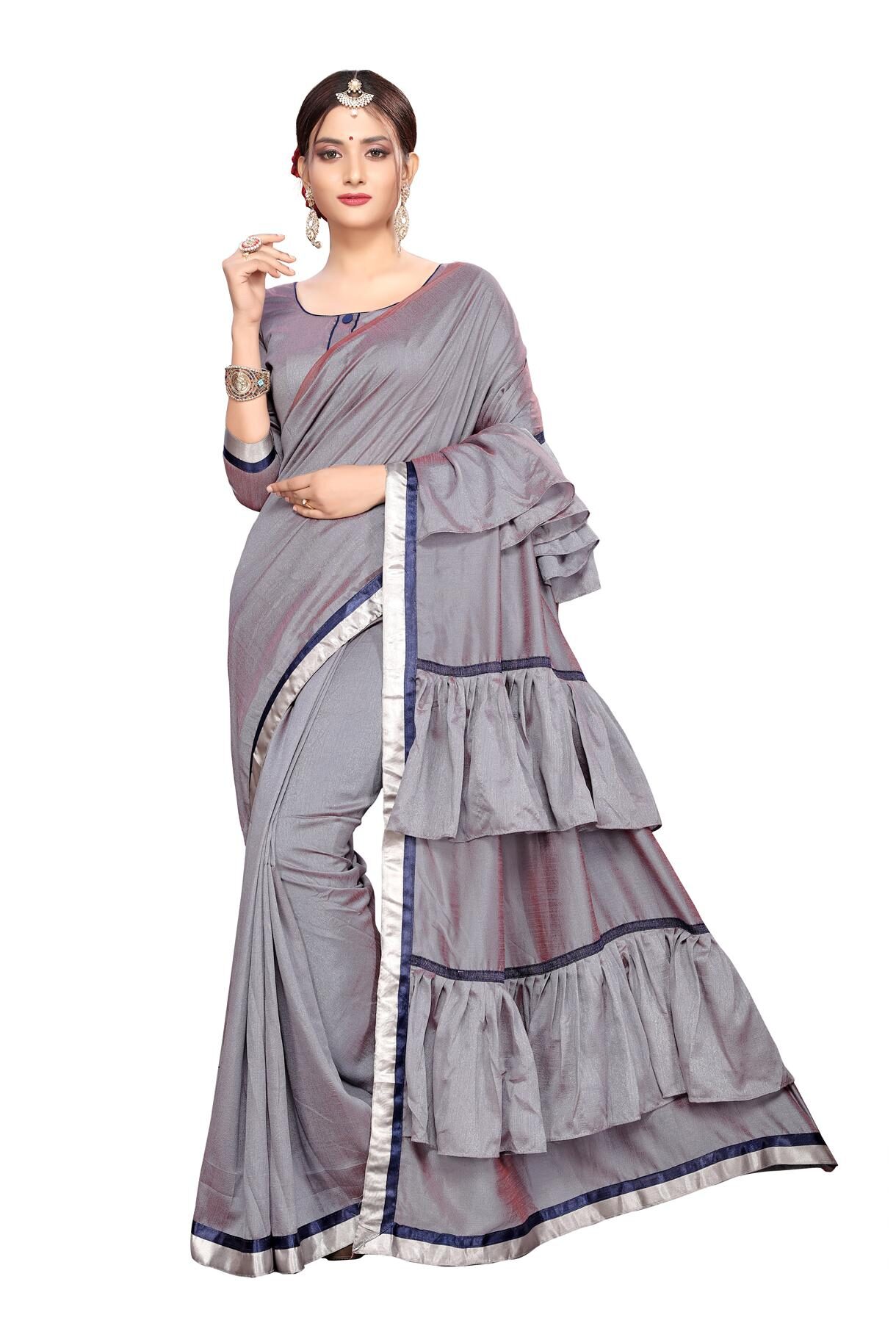 

FAB VIVA Silk Lace work Wedding Designer Saree With Blouse Grey Color