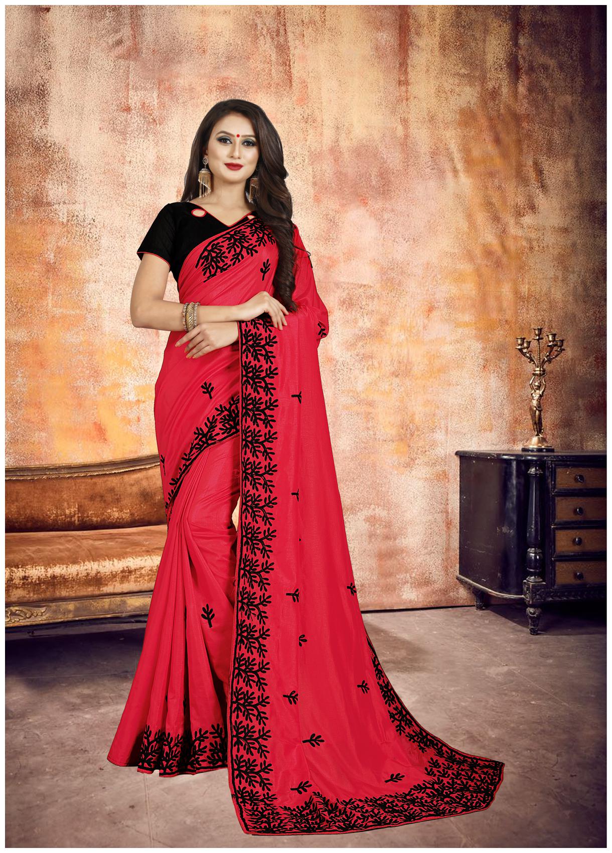 

FAB VIVA Silk Embroidered Work Wedding Designer Saree With Blouse Red Color