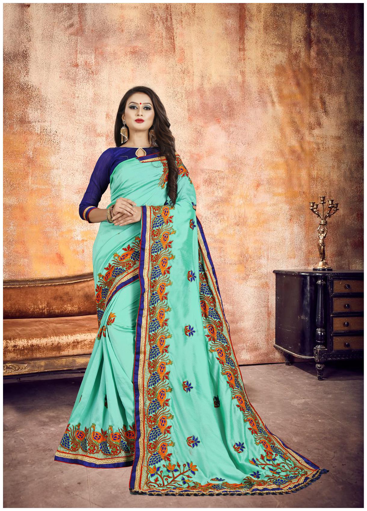 

FAB VIVA Silk Embroidered Work Festive Designer Saree With Blouse Turquoise Color