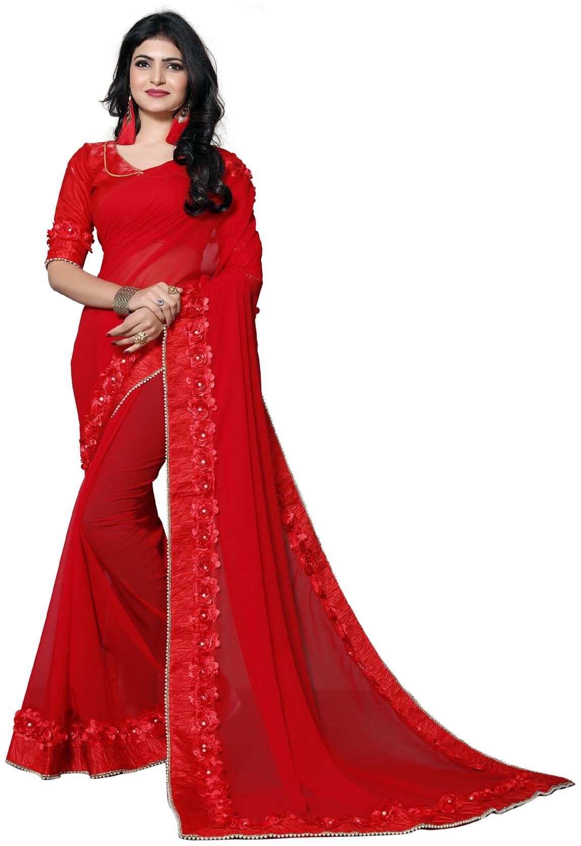 

FAB VIVA Red Embroidered Universal Designer Saree With Blouse With blouse