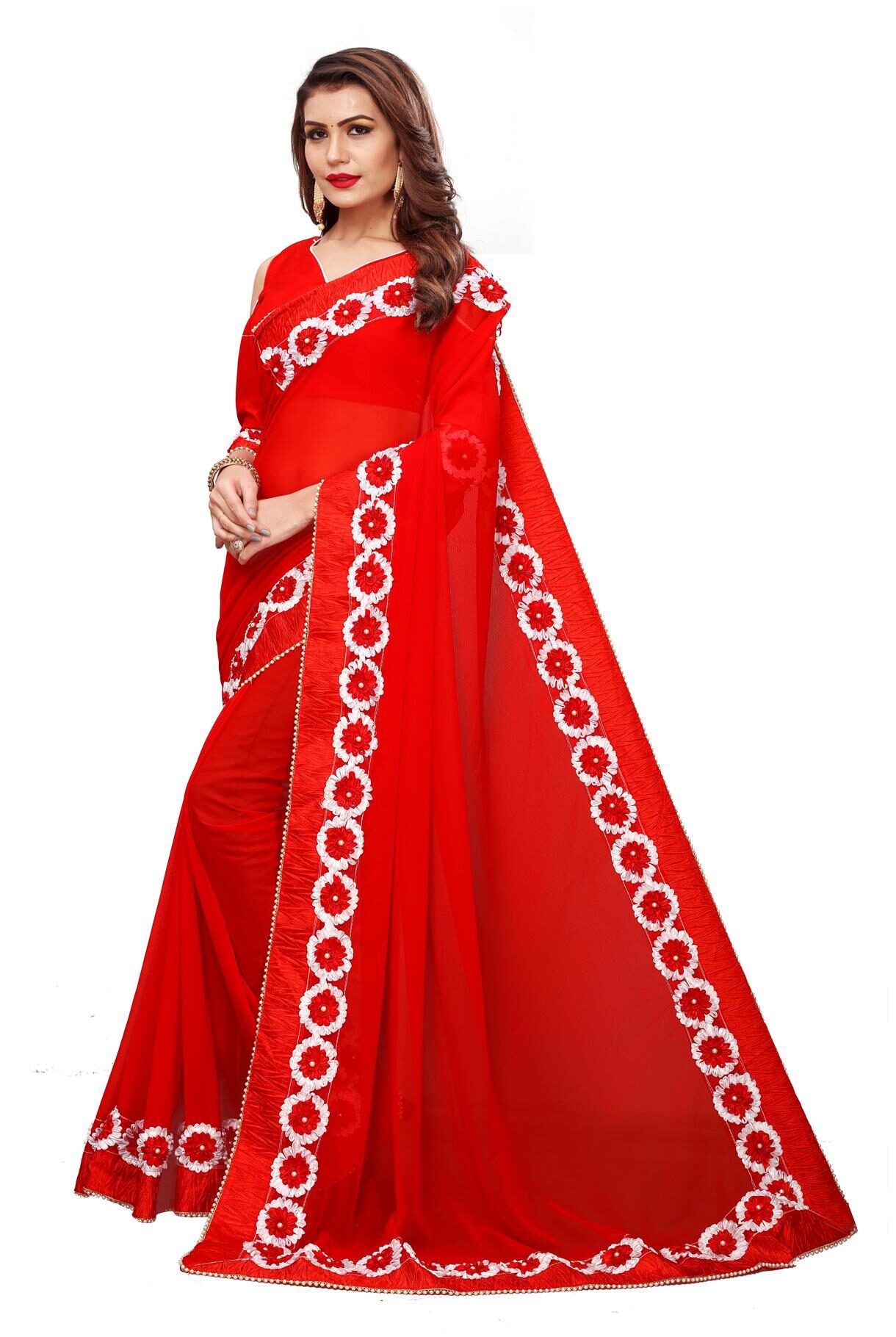 

FAB VIVA Red Embroidered Universal Designer Saree With Blouse With blouse