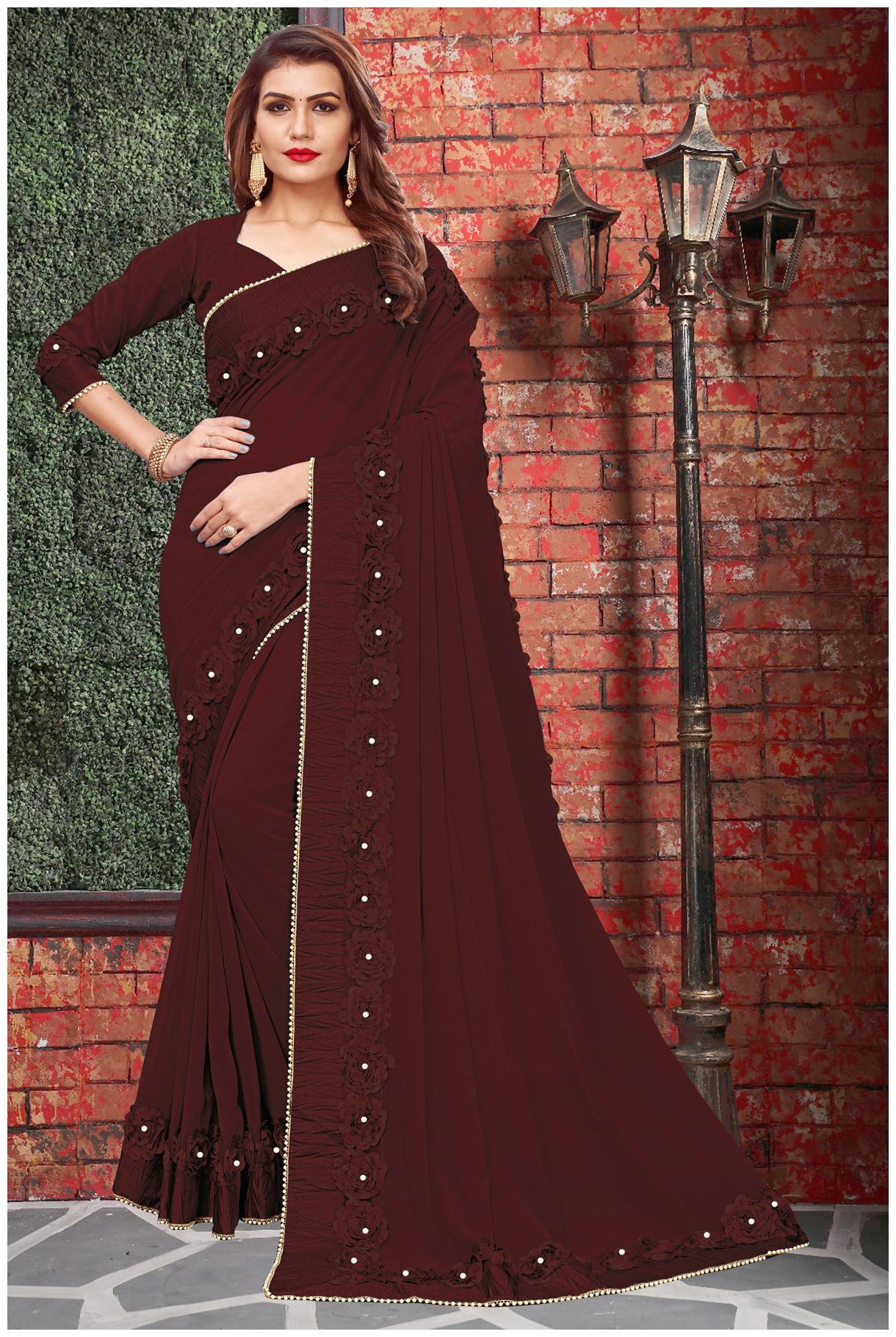 

FAB VIVA Brown Solid Universal Designer Saree With Blouse With blouse
