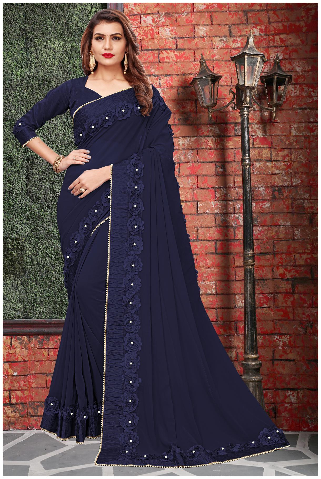 

FAB VIVA Blue Embroidered Universal Designer Saree With Blouse With blouse