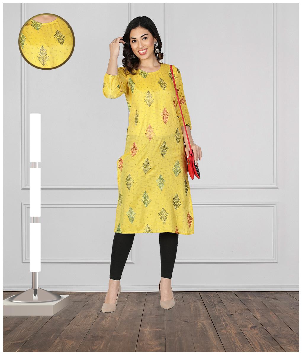 

FABCLUB Women Yellow Printed Straight Kurta