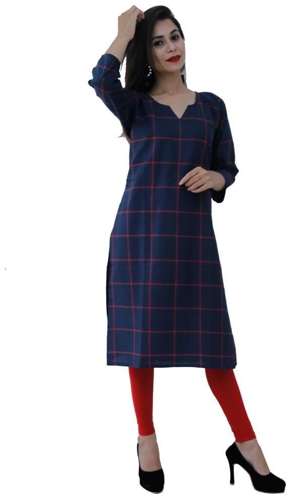 

FABCLUB Women Navy Blue Checkered Straight Kurta