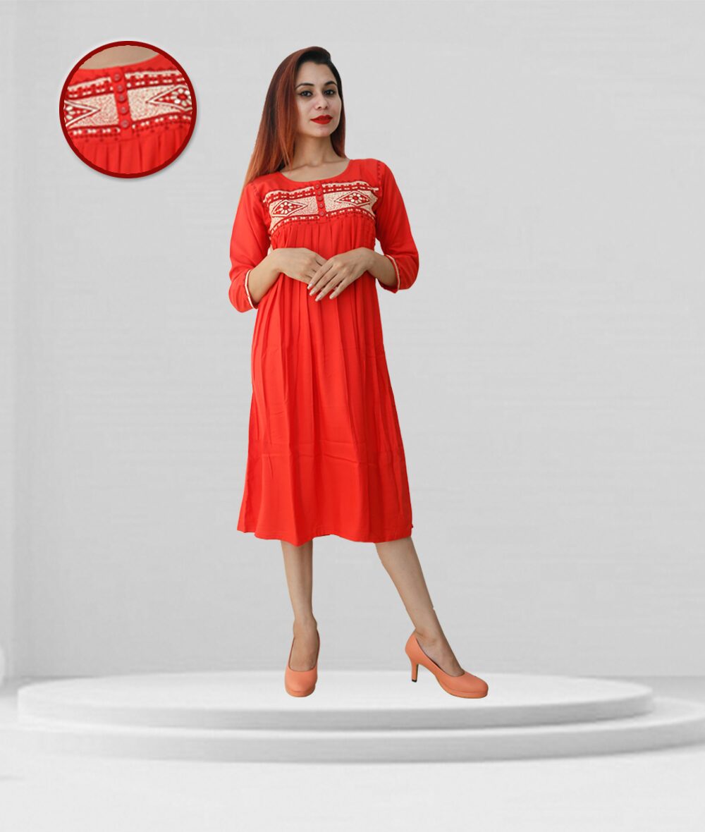 

FABCLUB Viscose Rayon Embroidered Red Color Kurta For Women