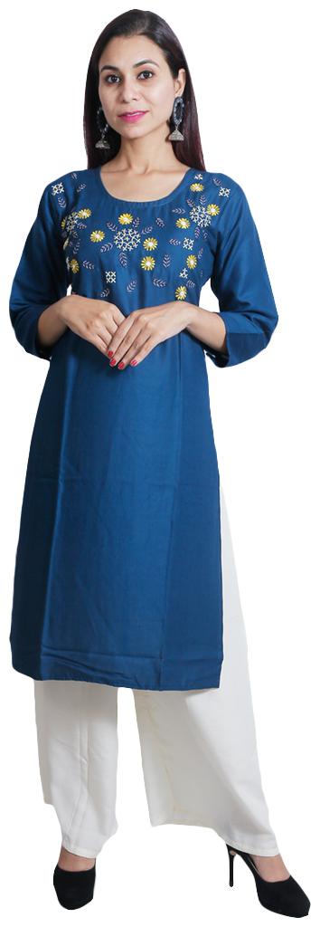 

FABCLUB Women Turquoise Embroidered Straight Kurta