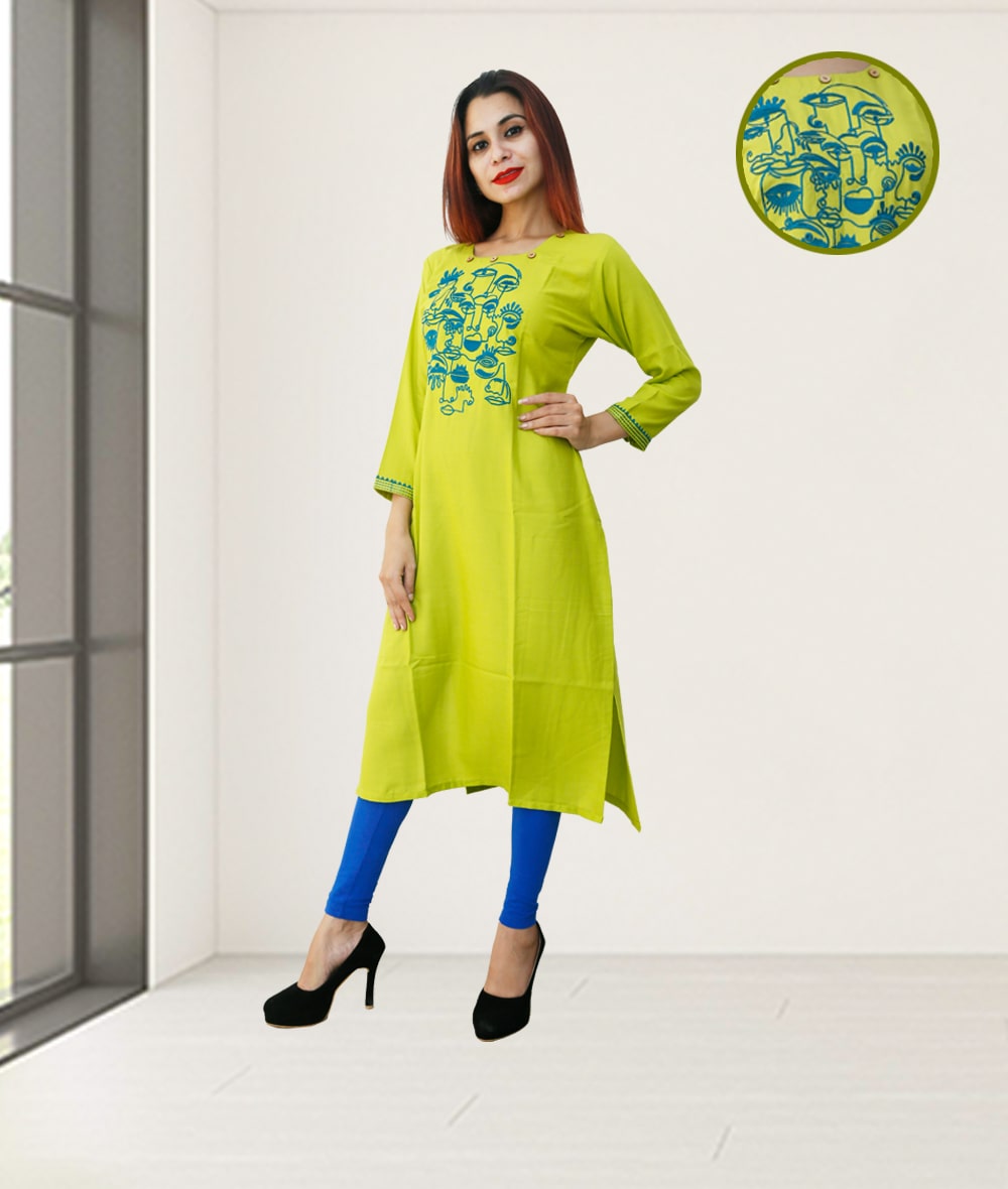 

FABCLUB Women Green Embroidered Straight Kurta
