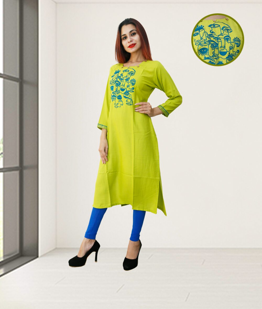 

FABCLUB Women Green Embroidered Straight Kurta