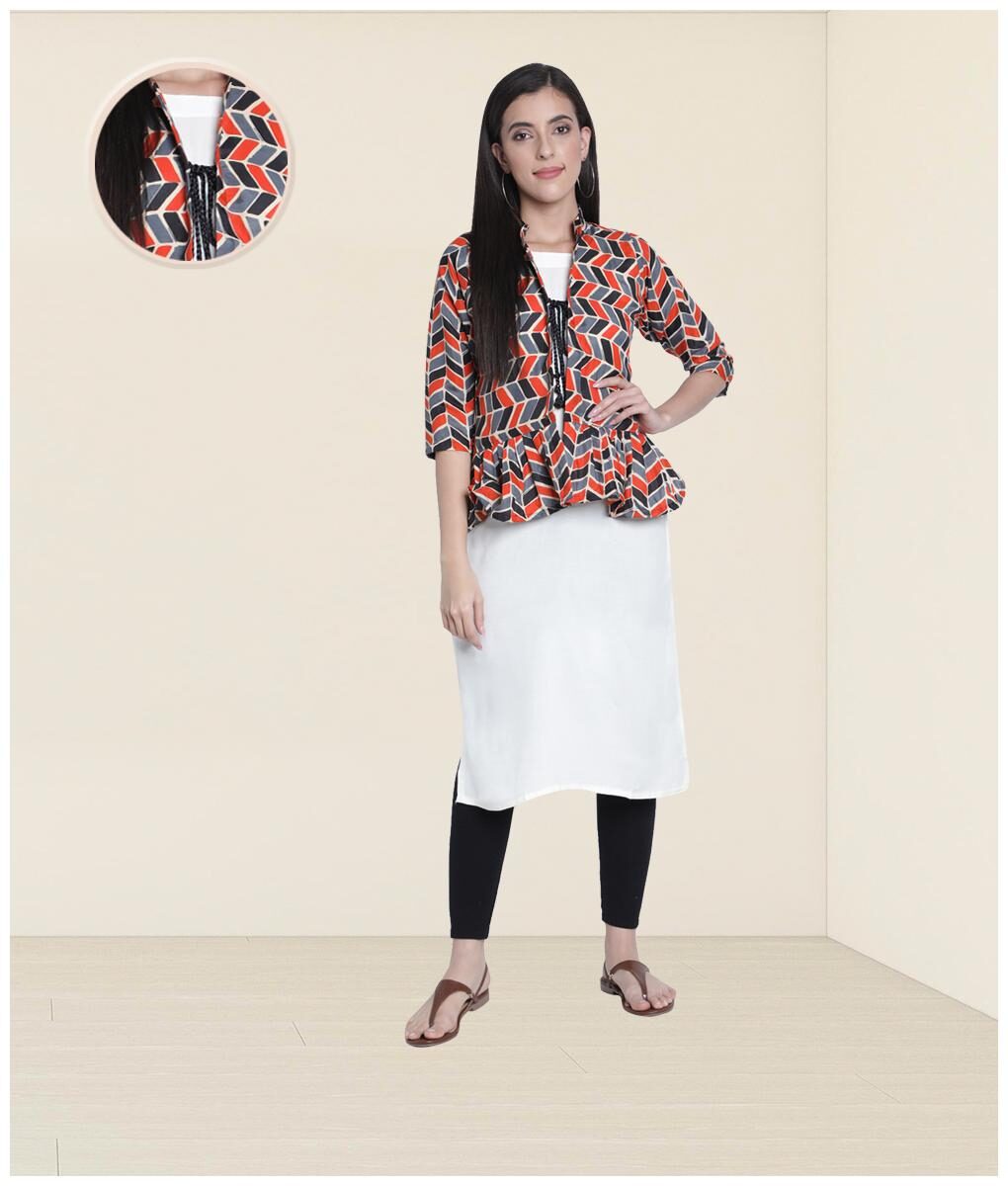 

FABCLUB Women Grey Geometric Empire Kurta