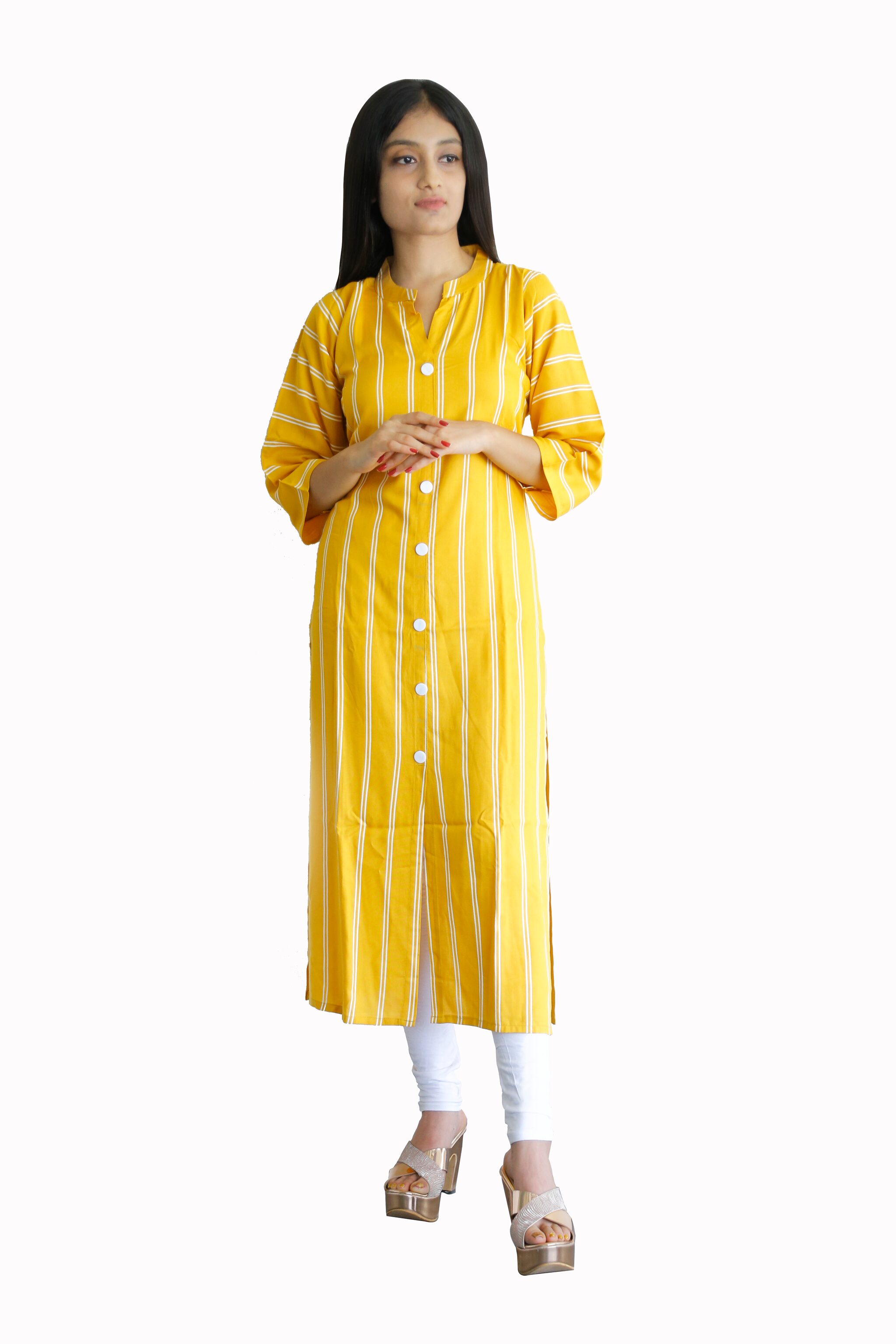 

FABCLUB Women Yellow Striped Straight Kurta