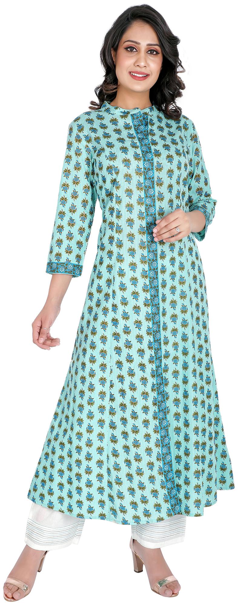 

FABGLOBAL Cotton Long Kurta With Palazzo Blue