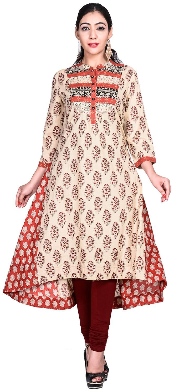 

FABGLOBAL Women Red Beige Printed Straight Kurti