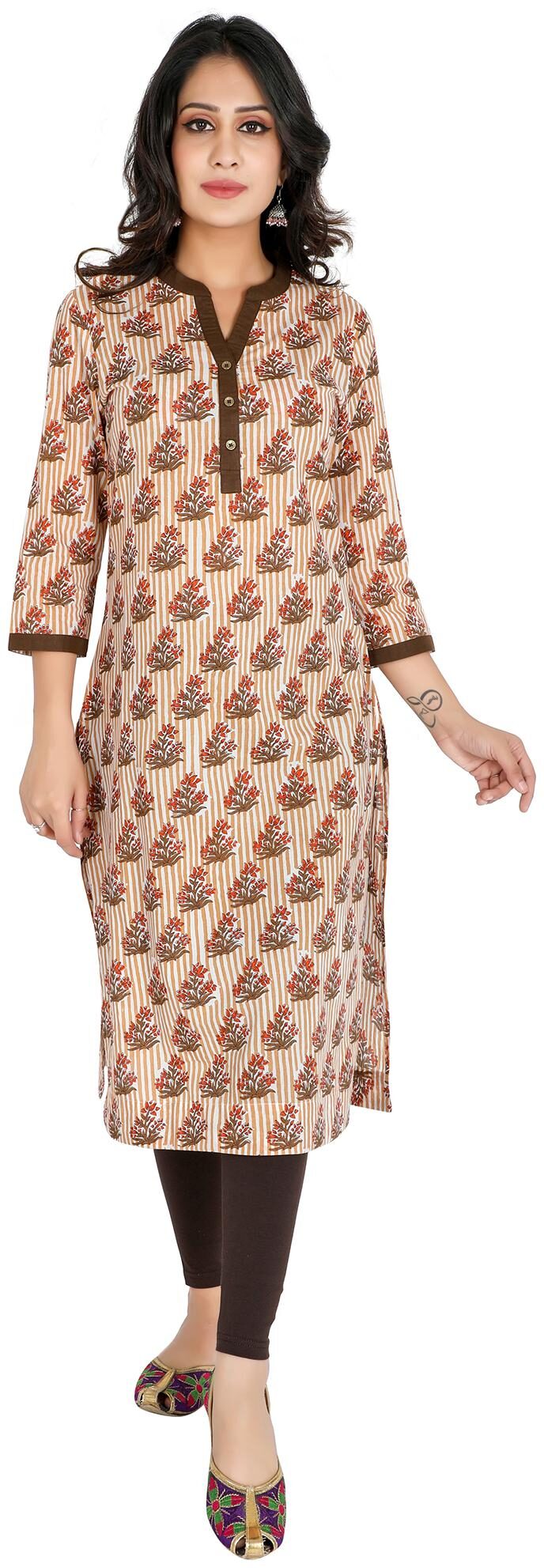 

FABGLOBAL Women Brown Floral Straight Kurta