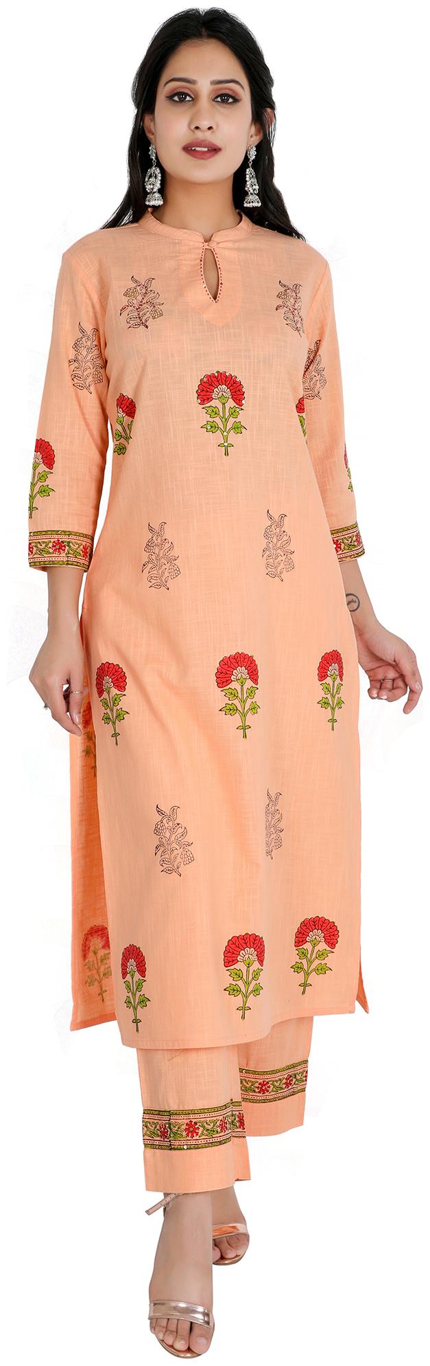 

FABGLOBAL Cotton Medium Kurta With Palazzo Peach