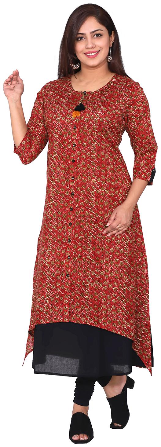 

FABGLOBAL Cotton Printed Women Kurta - Maroon