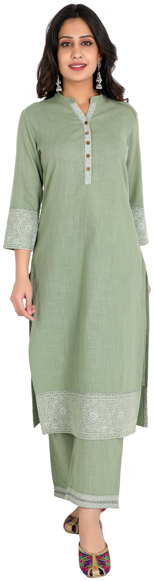 

FABGLOBAL Cotton Medium Kurta With Palazzo Green