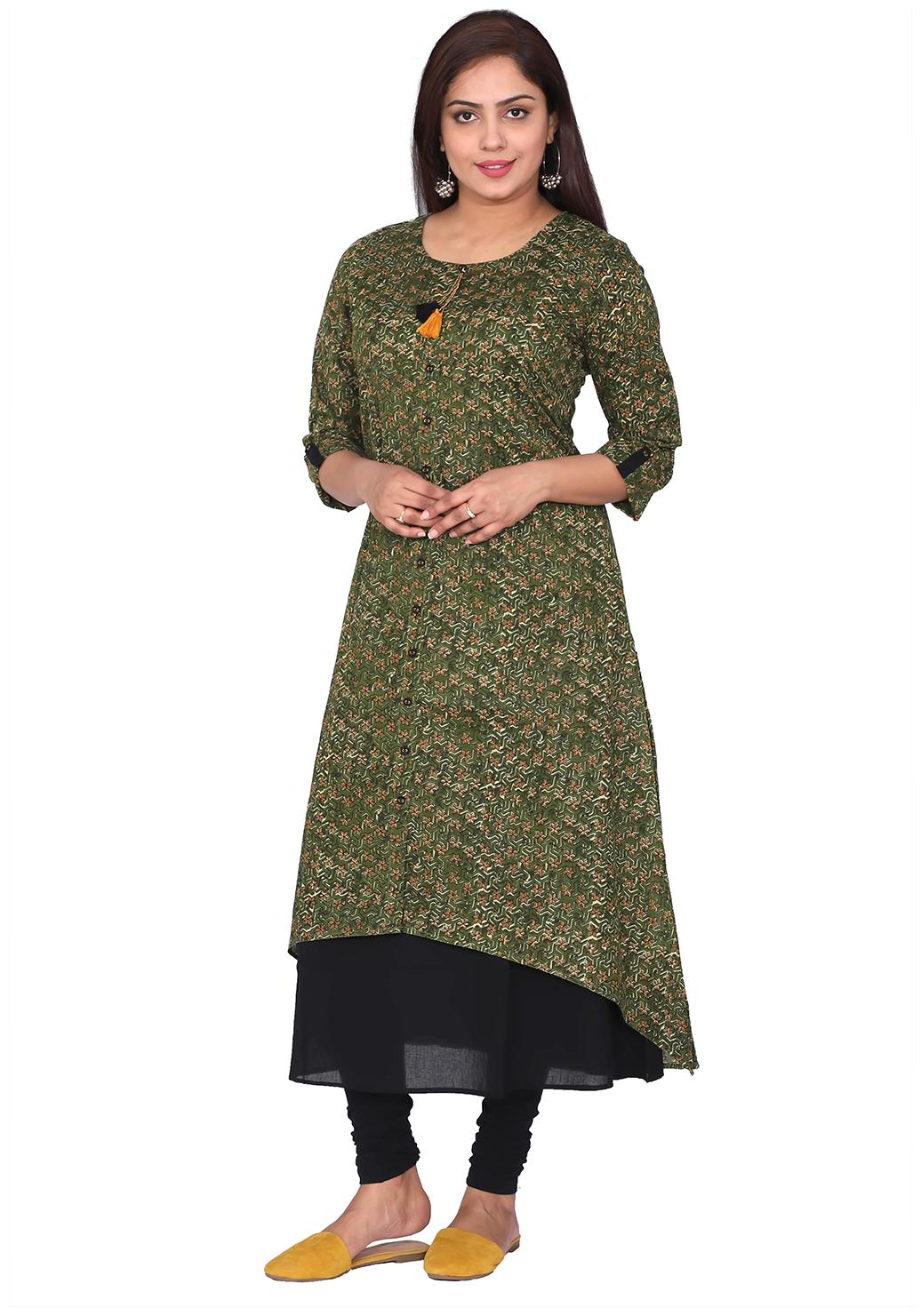 

FABGLOBAL Cotton Printed Women Kurta - Green