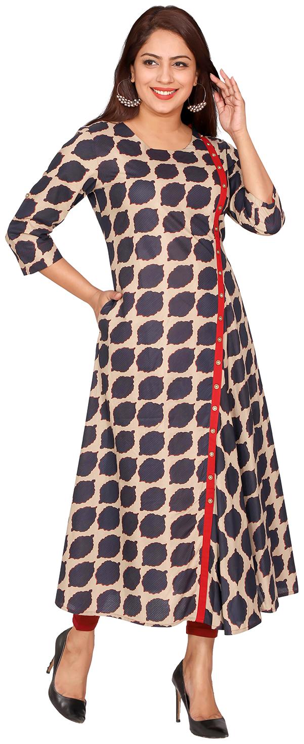 

FABGLOBAL Women Navy Blue Beige Printed Straight Kurti