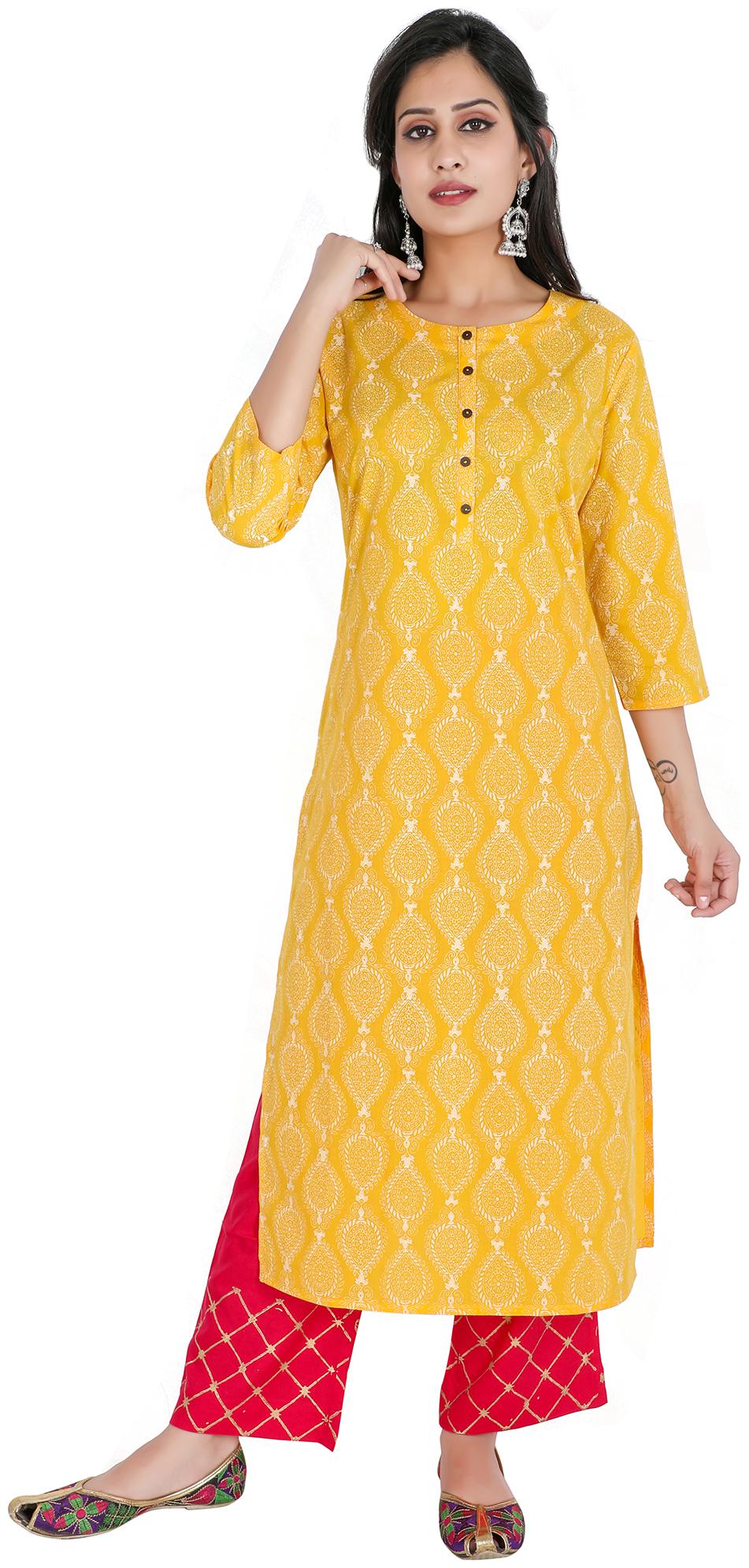 

FABGLOBAL Women Yellow Printed Straight Kurta