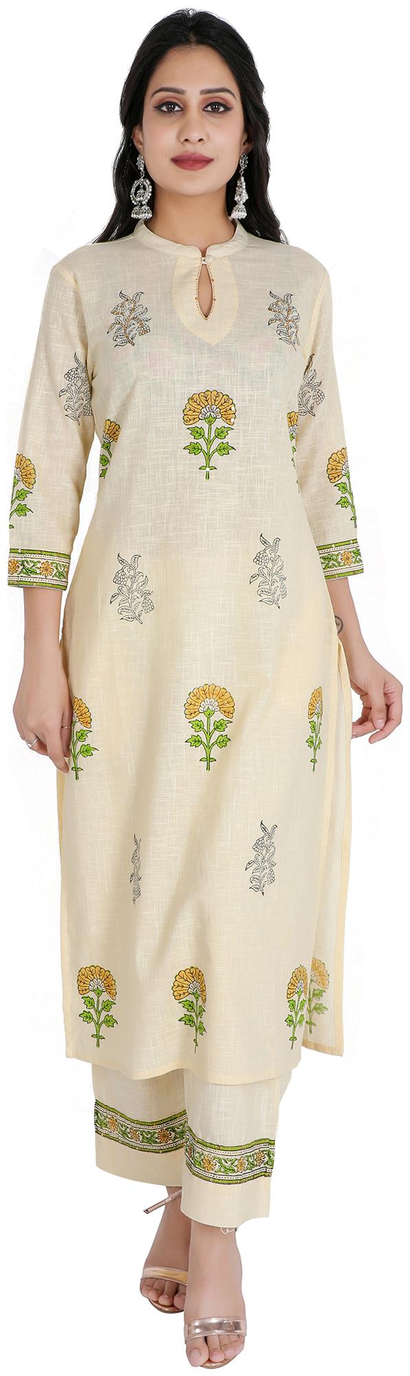 

FABGLOBAL Cotton Medium Kurta With Palazzo Yellow