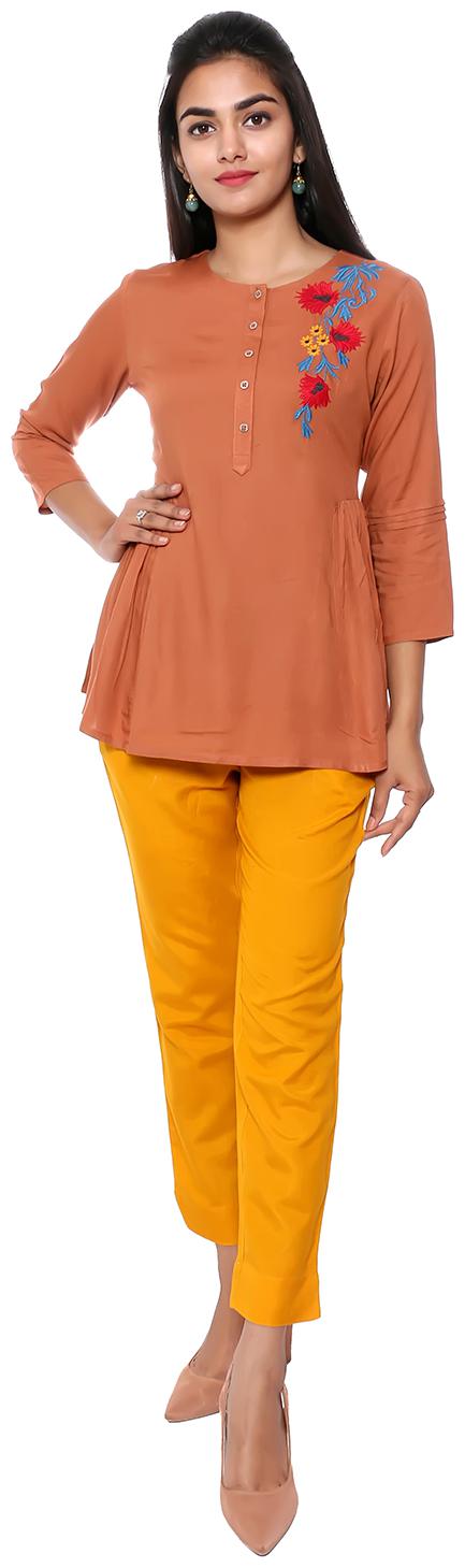 

FABGLOBAL Women Embroidered A-line top - Brown