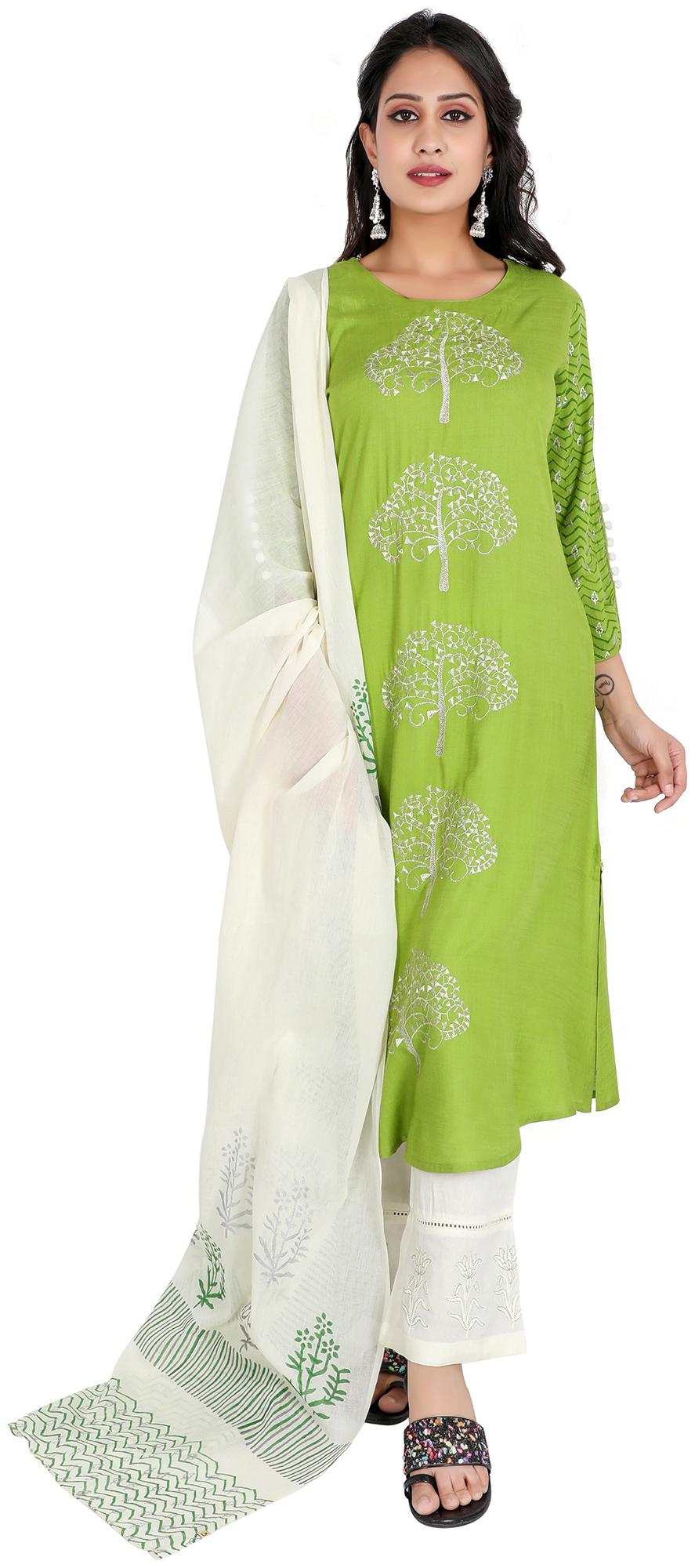 

FABGLOBAL Rayon Medium Kurta With Palazzo Dupatta Green